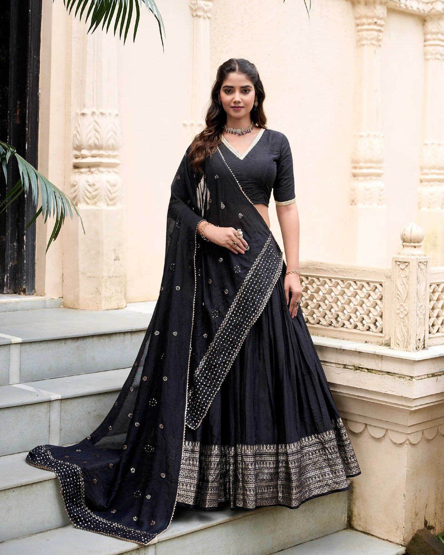 Smoky Black Chanderi Silk Zari Weaving Lehenga Choli