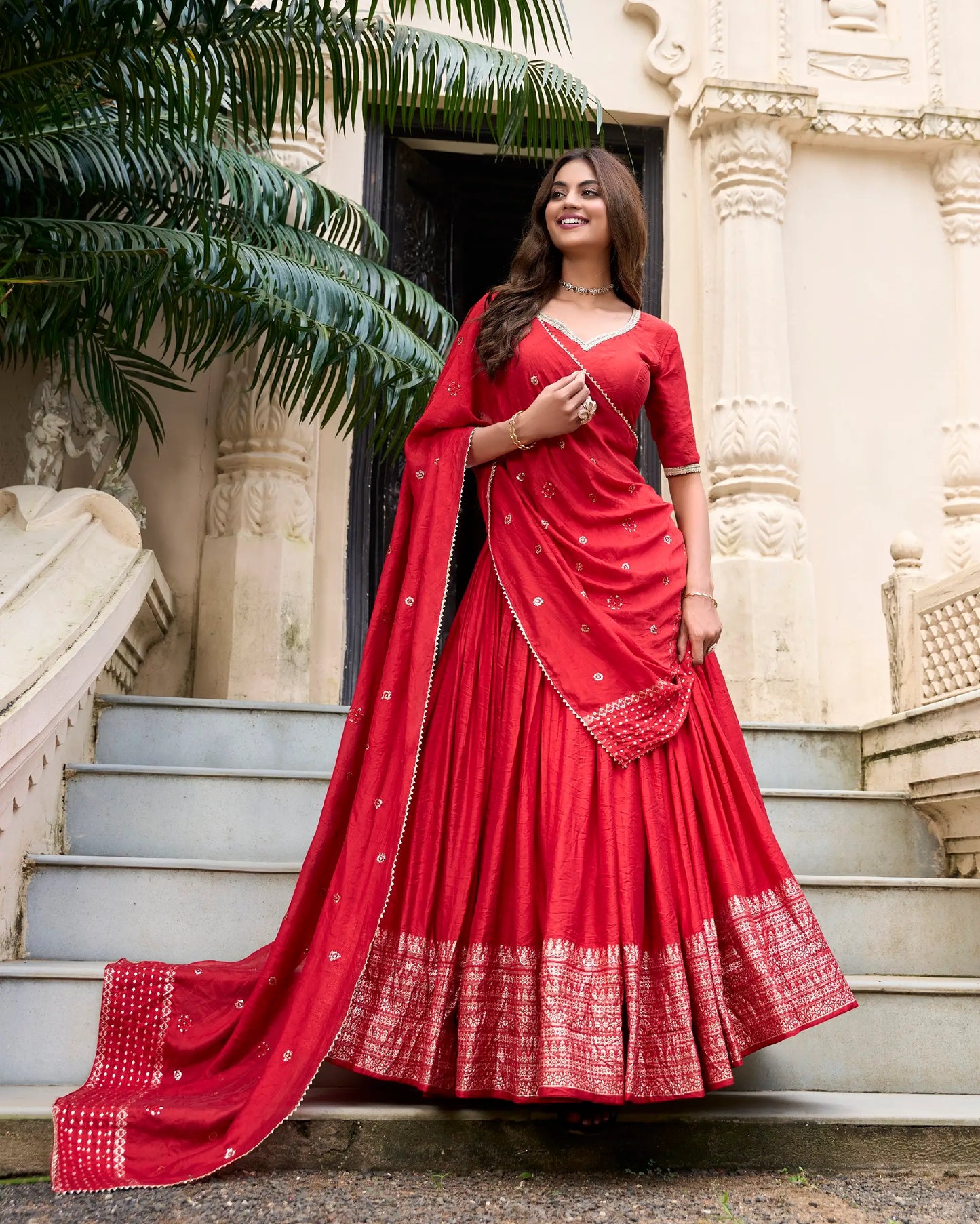 Hot Red Chanderi Silk Zari Weaving Lehenga Choli
