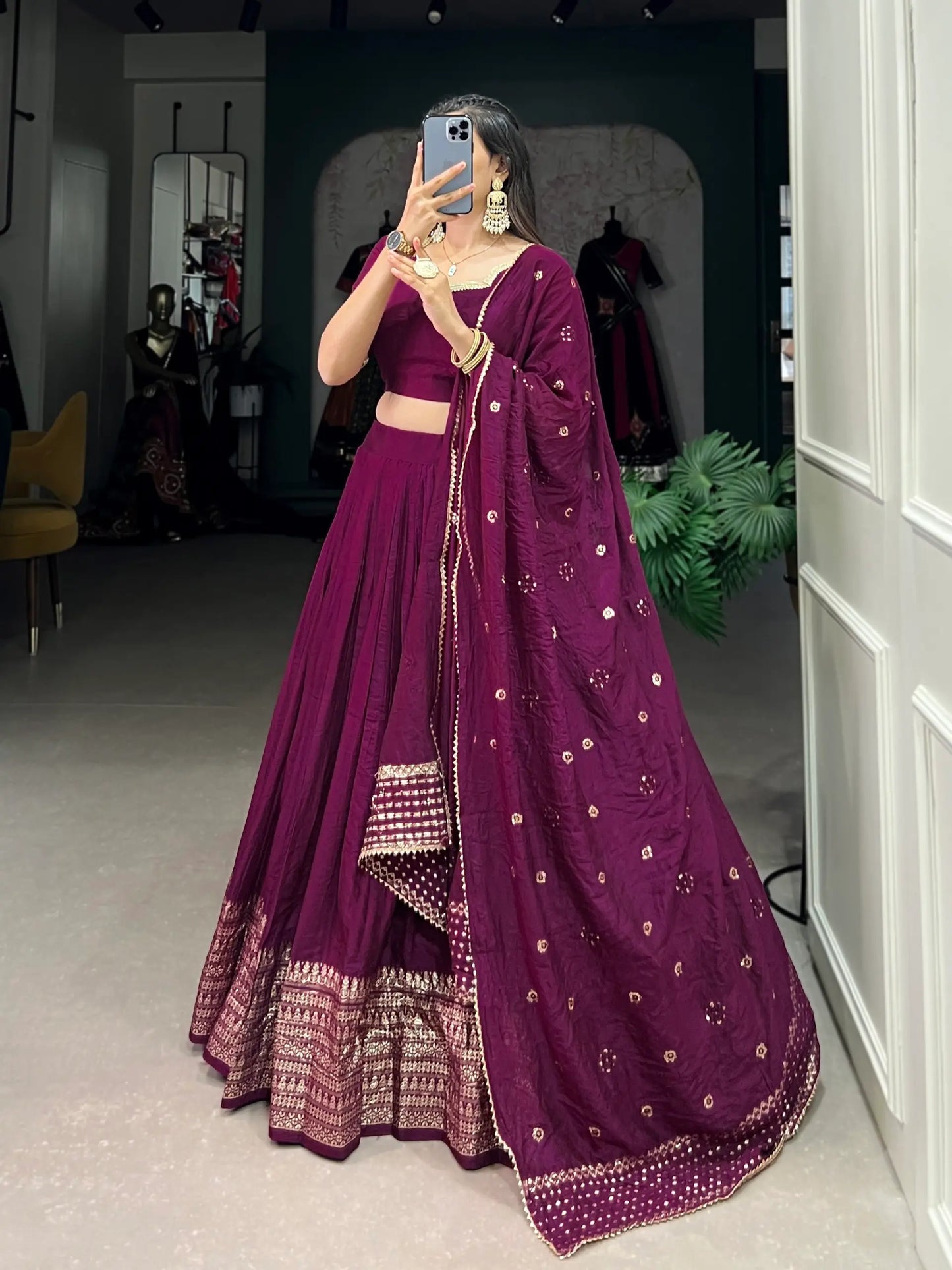 Wine Berry Chanderi Silk Zari Weaving Lehenga Choli
