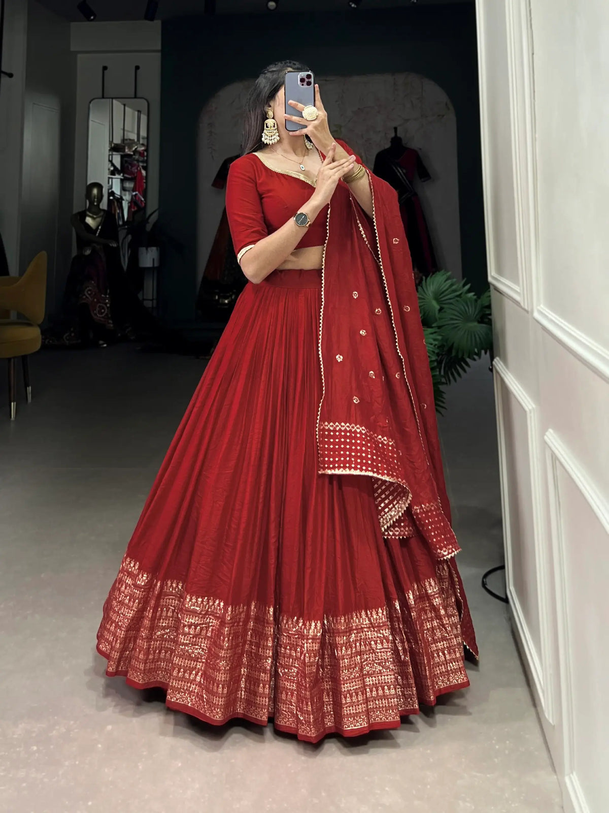 Hot Red Chanderi Silk Zari Weaving Lehenga Choli