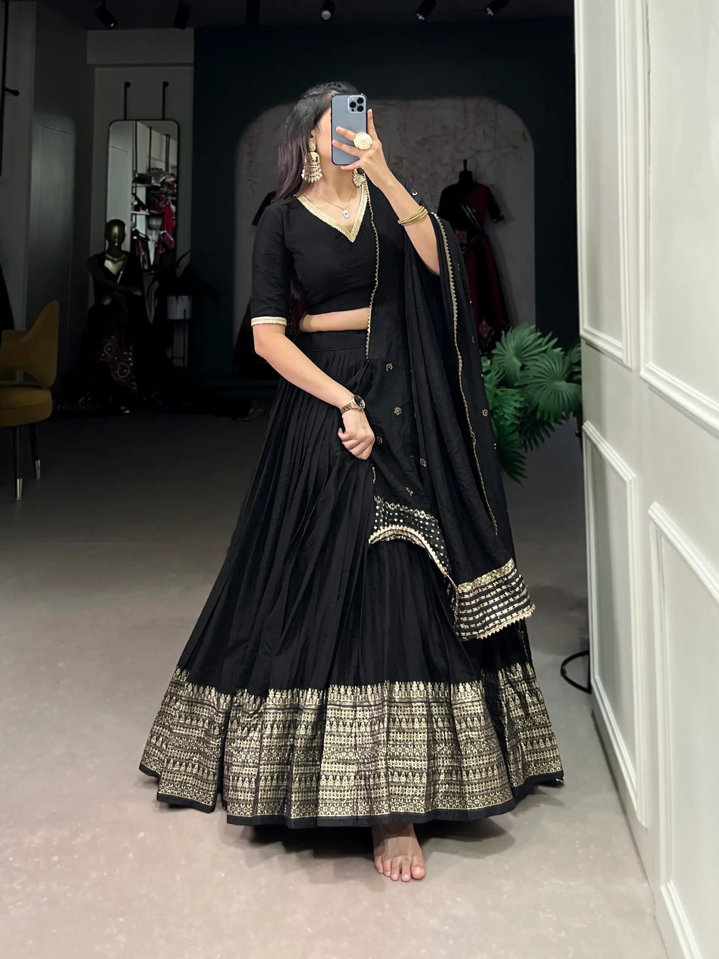 Smoky Black Chanderi Silk Zari Weaving Lehenga Choli