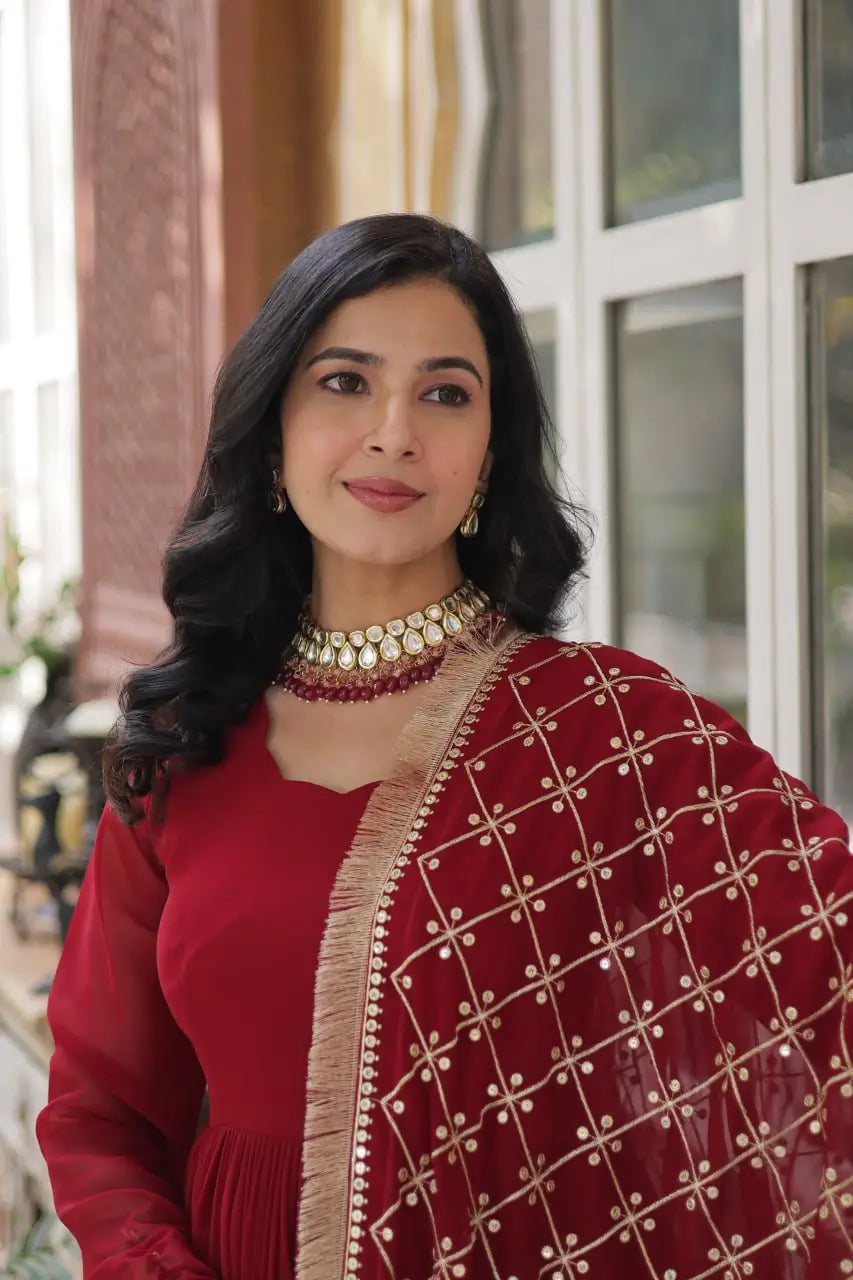 Red Sequins Embroidery Work Gown With Heavy Dupatta