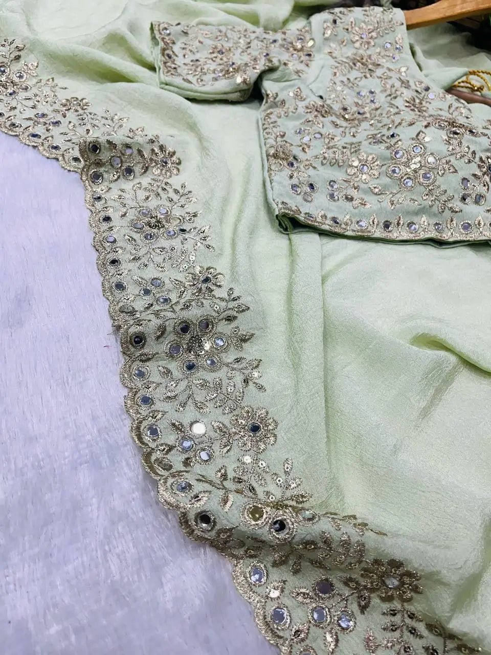 Pista Green  Jari Dori And Thread Embroidery Work with Real Mirror Work Saree