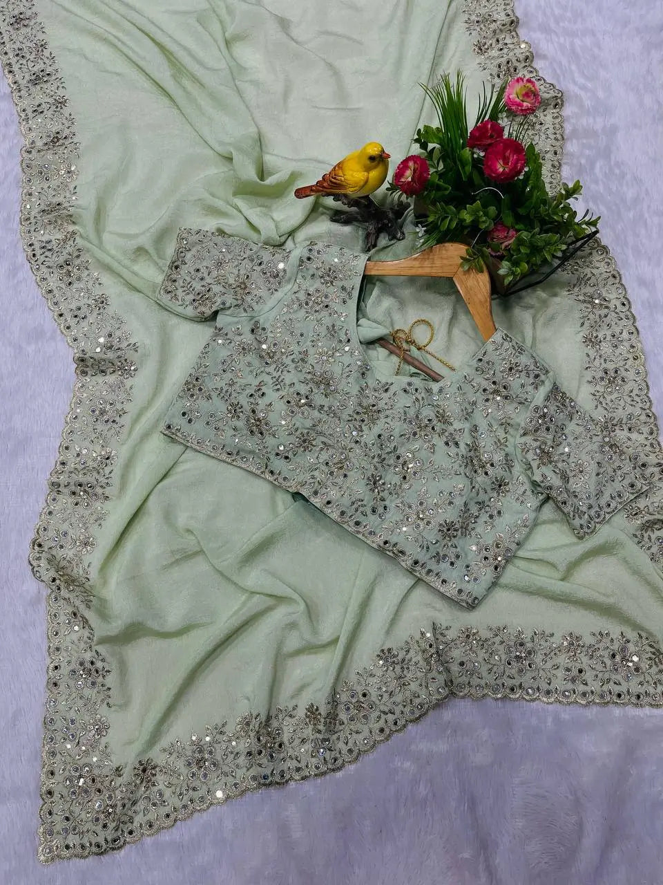 Pista Green  Jari Dori And Thread Embroidery Work with Real Mirror Work Saree