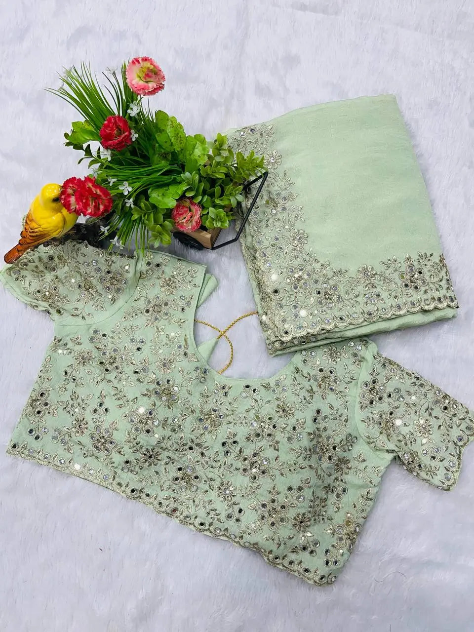 Pista Green  Jari Dori And Thread Embroidery Work with Real Mirror Work Saree