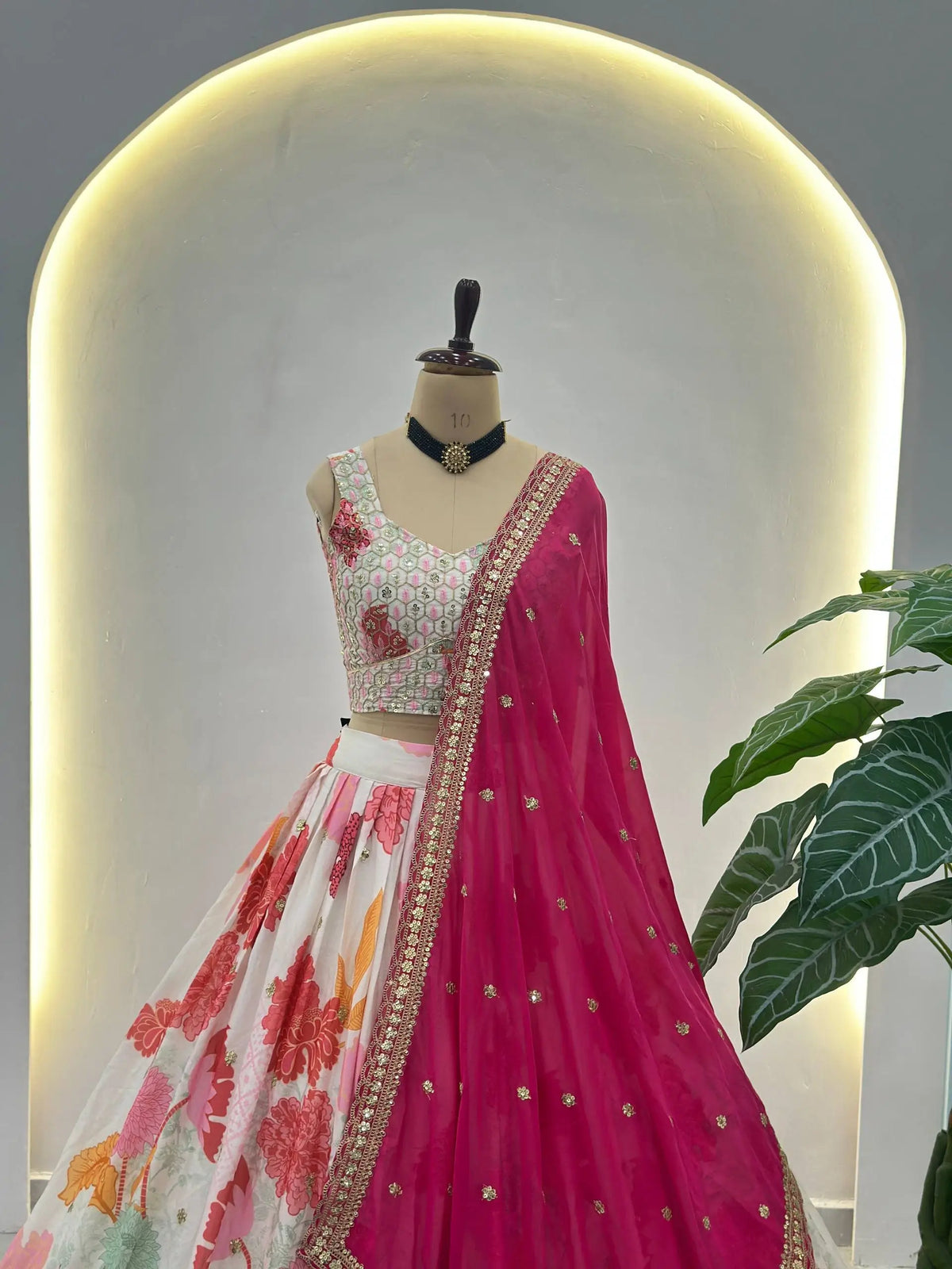 Off White With Pink Floral Print Lehenga With Sequins Embroidery Work And Dupatta