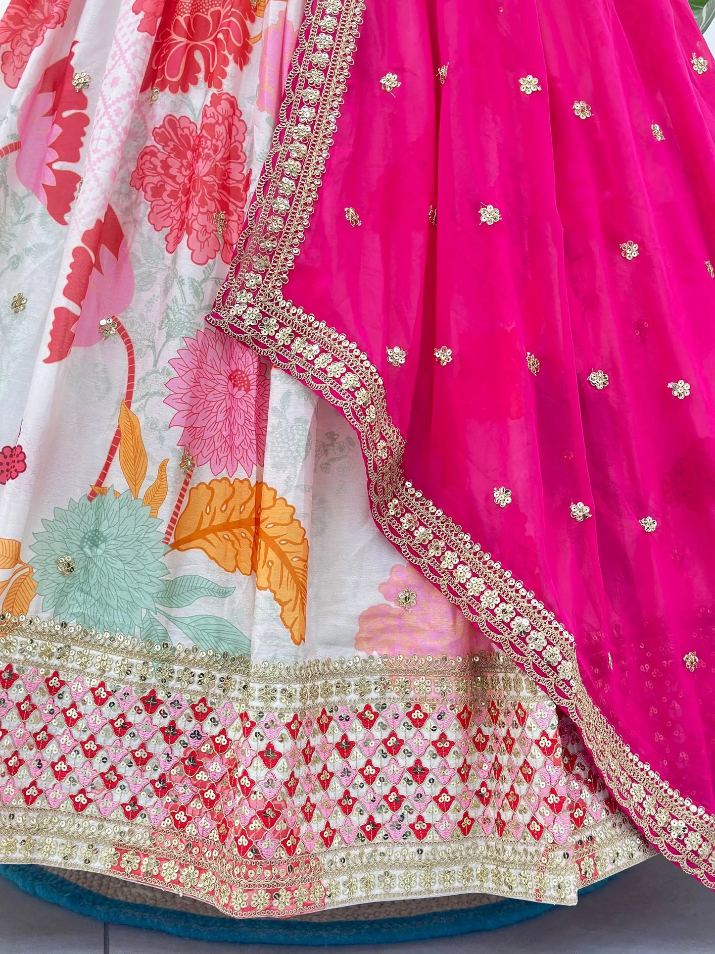 Off White With Pink Floral Print Lehenga With Sequins Embroidery Work And Dupatta