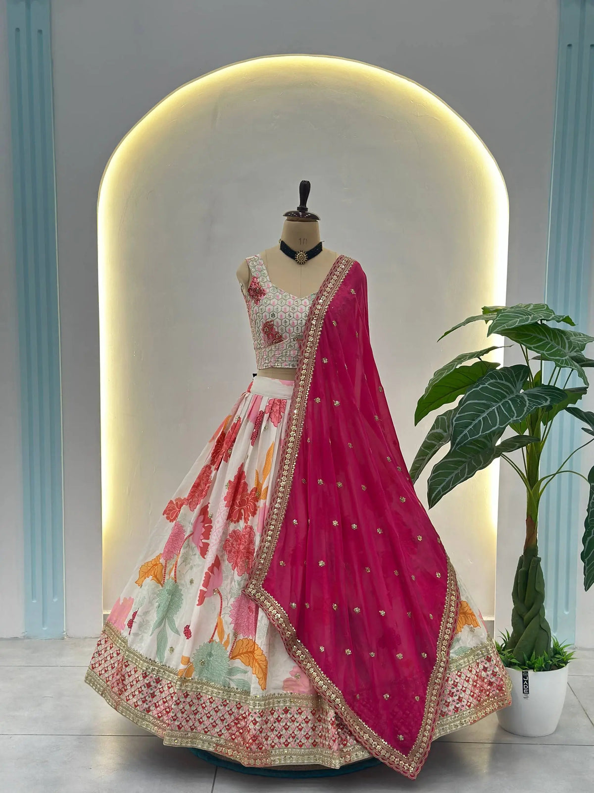 Off White With Pink Floral Print Lehenga With Sequins Embroidery Work And Dupatta