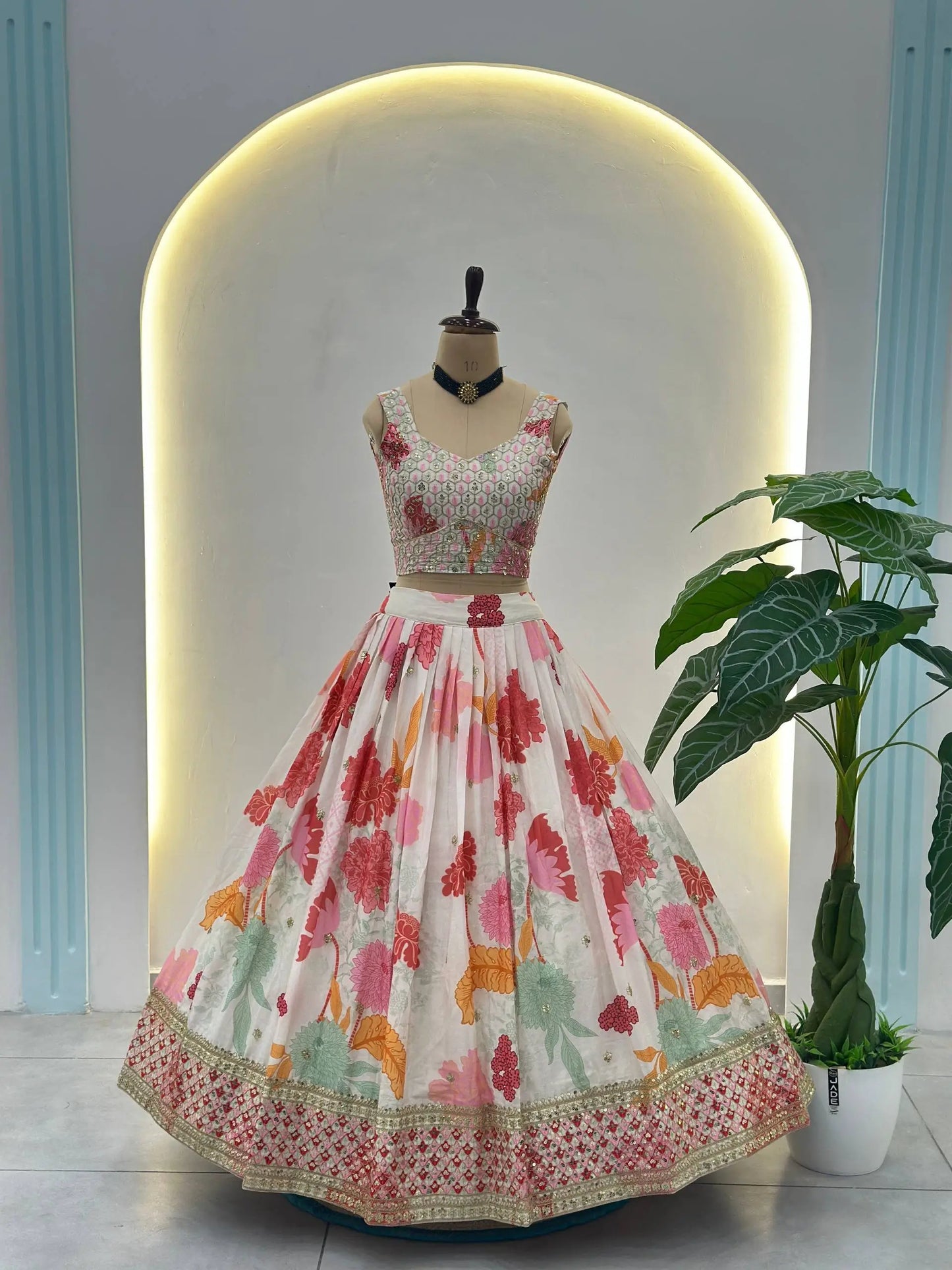 Off White With Pink Floral Print Lehenga With Sequins Embroidery Work And Dupatta