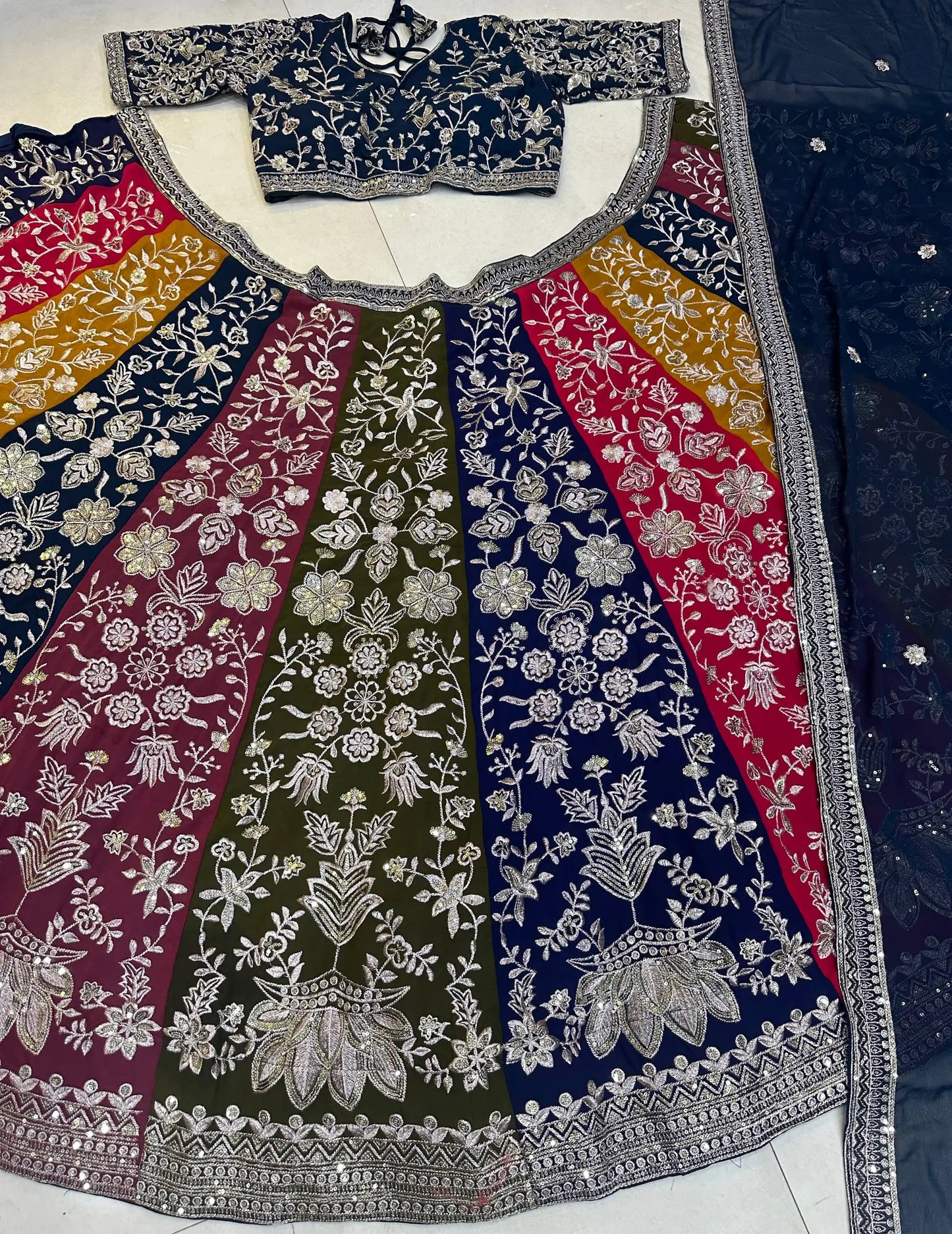 Multi Color Sequins Zari Embroidery Work  Georgette Lehenga With Dupatta