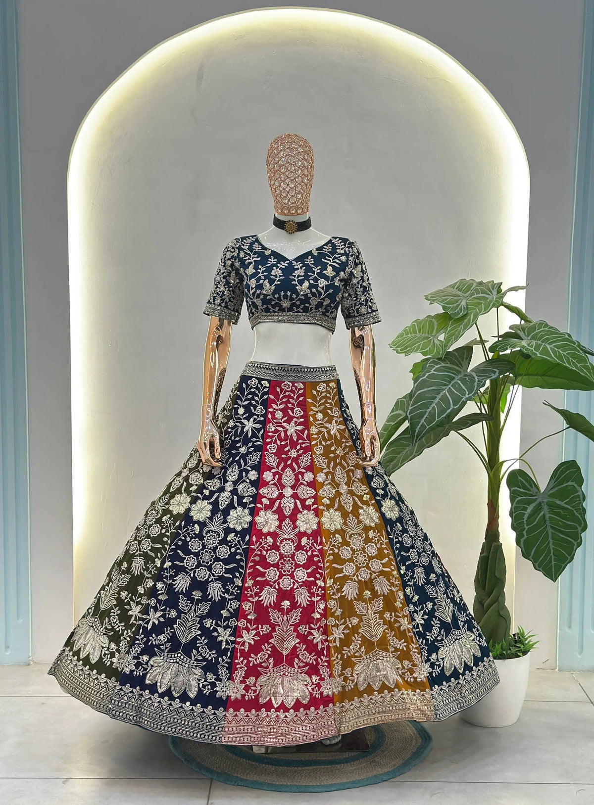 Multi Color Sequins Zari Embroidery Work  Georgette Lehenga With Dupatta