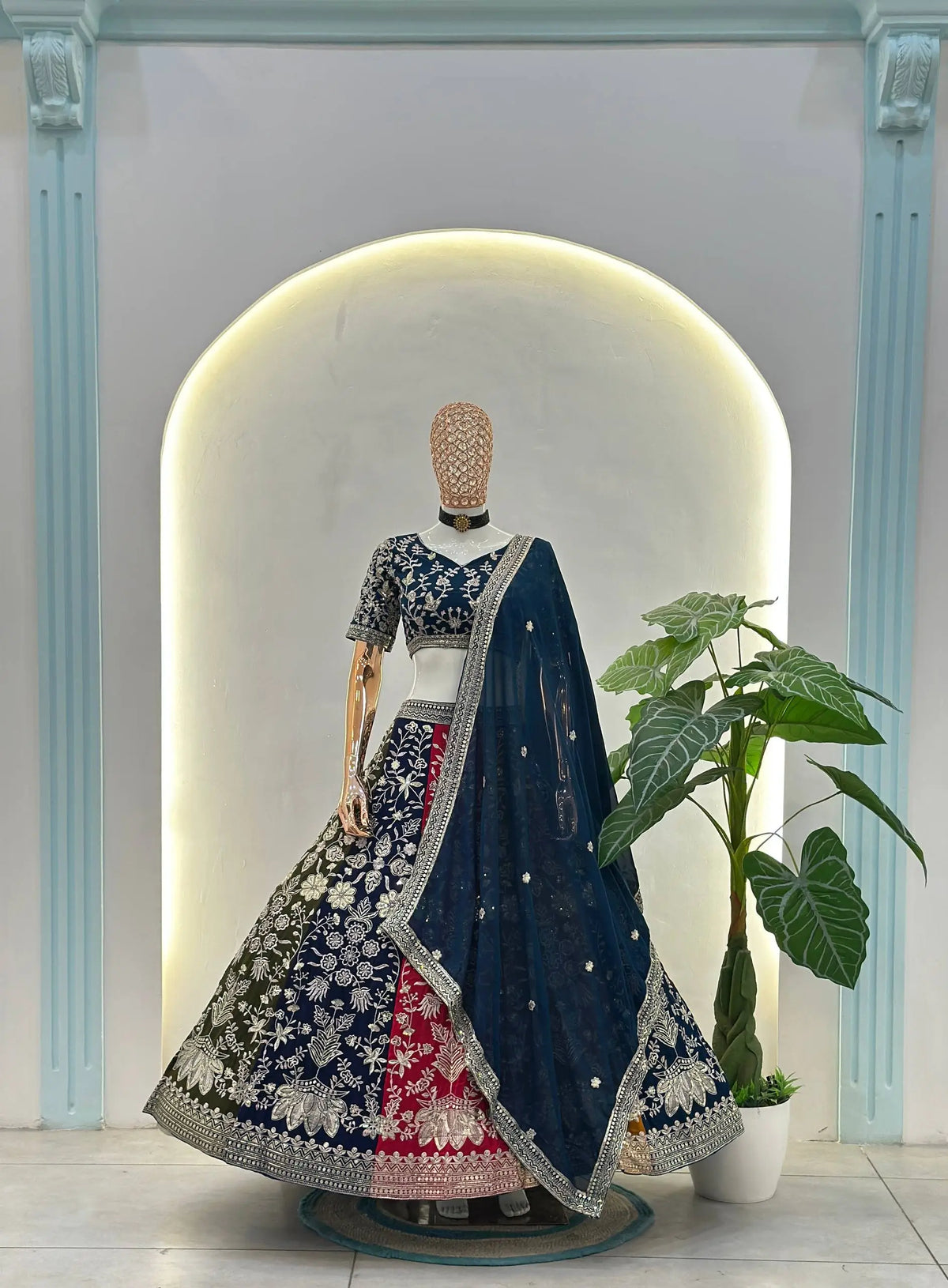 Multi Color Sequins Zari Embroidery Work  Georgette Lehenga With Dupatta