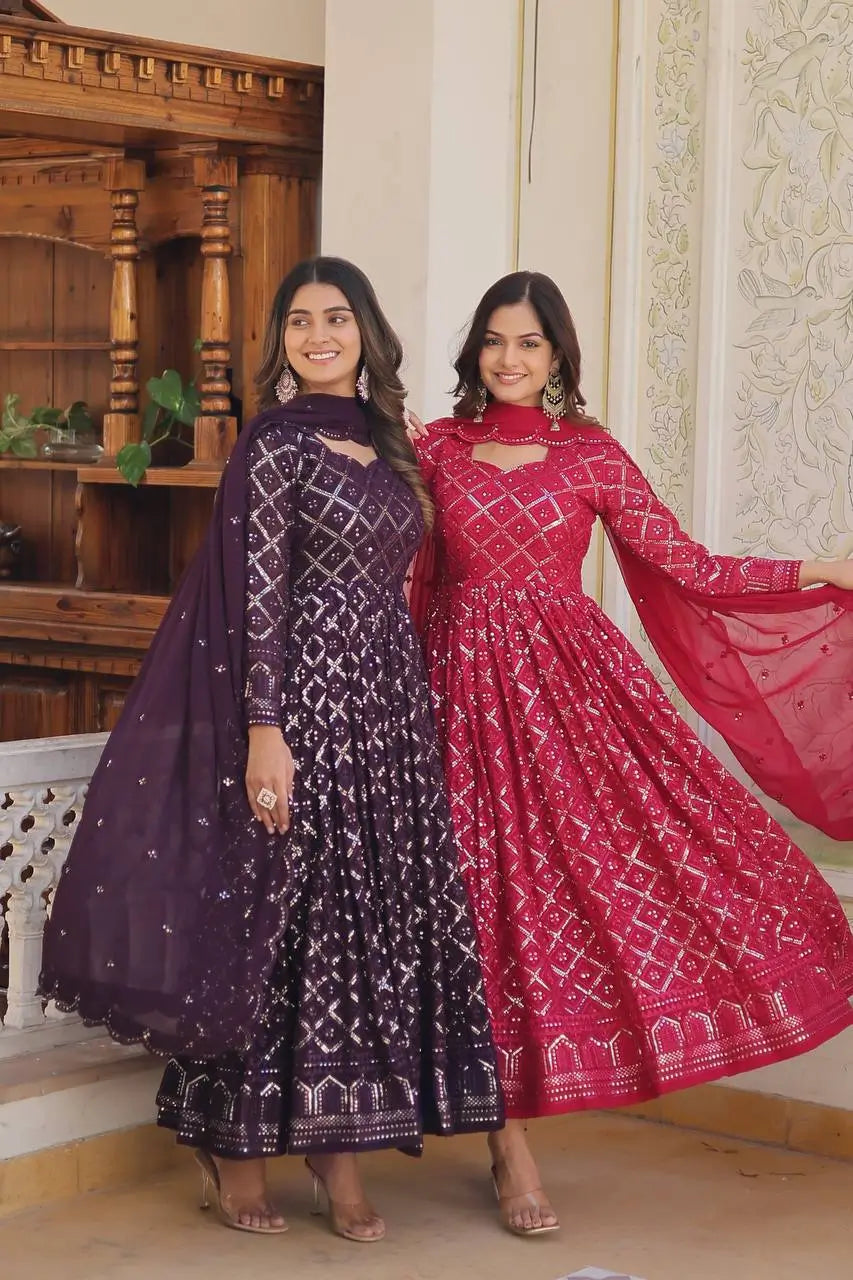 Wine Georgette Heavy Embroidered Anarkali Gown with Dupatta