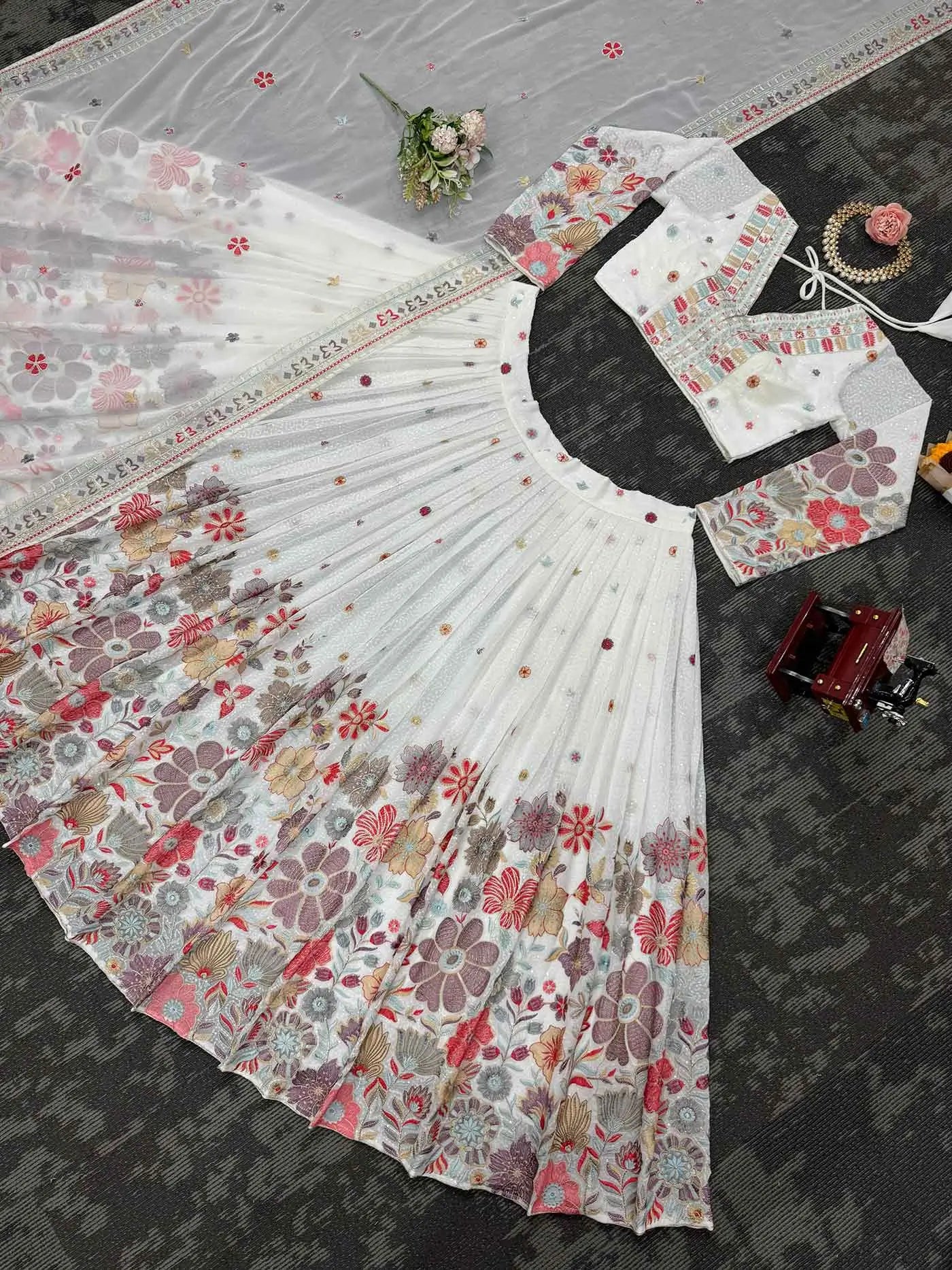 Wonderful White Multi Floral Embroidery Work Lehenga With Dupatta