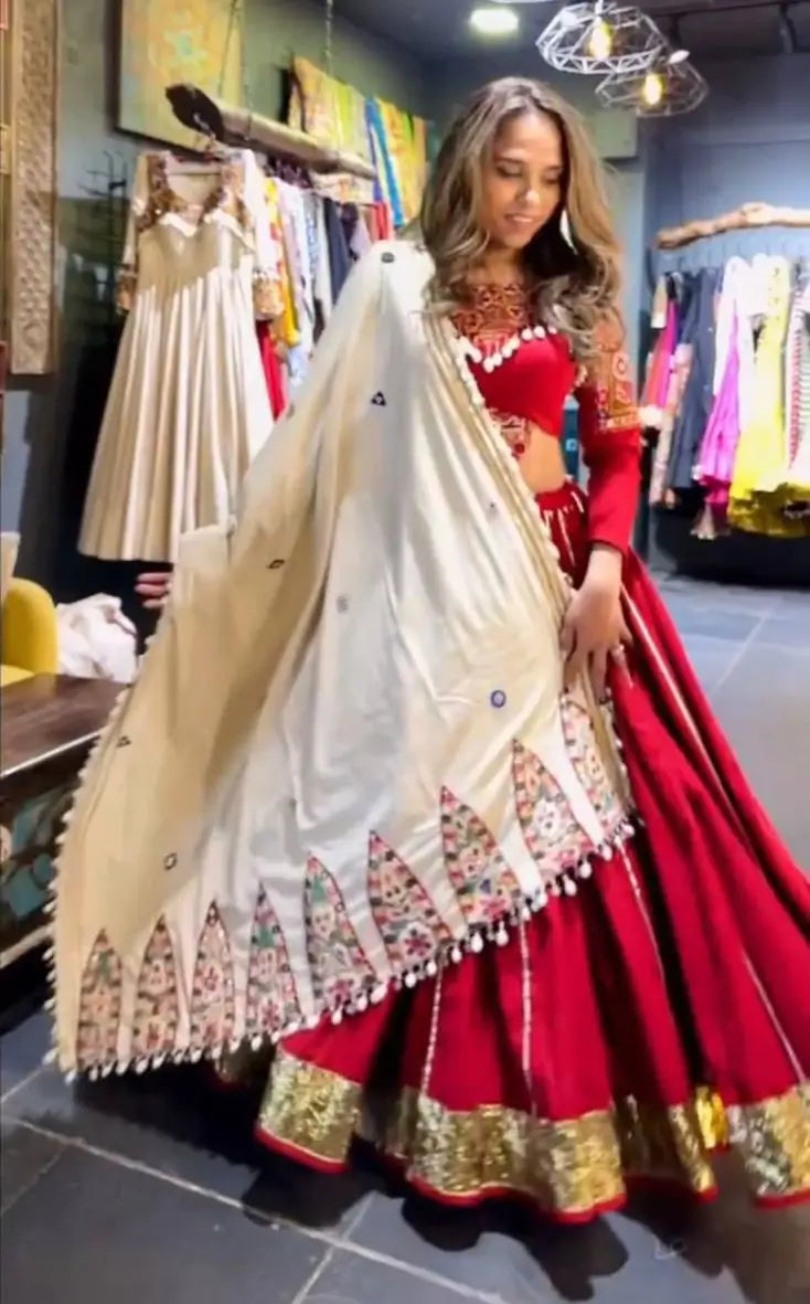 Red Chain Stitch With Real Mirror Work Rayon Navratri Lehenga Choli