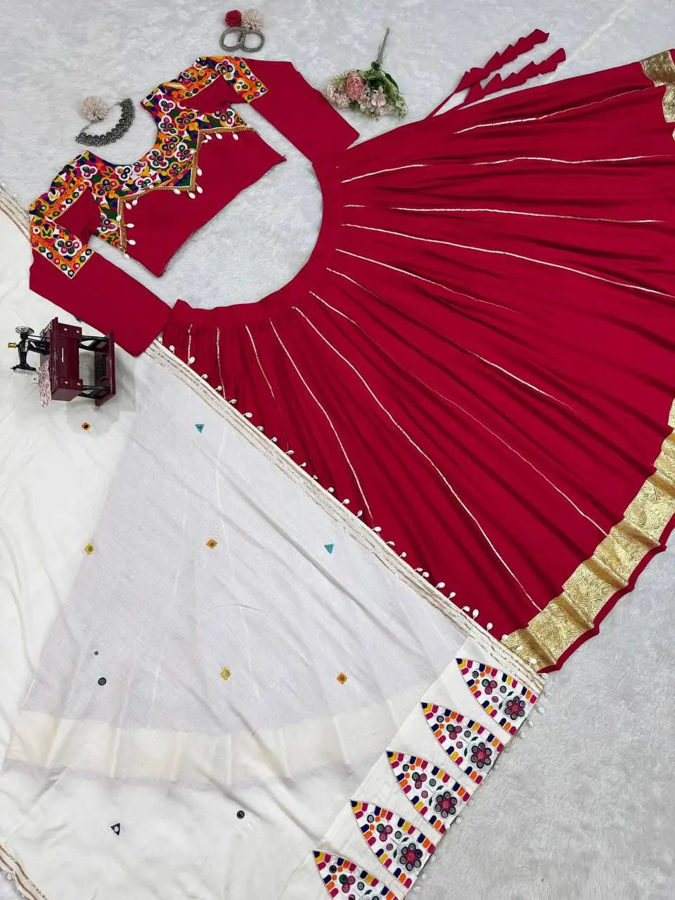 Red Chain Stitch With Real Mirror Work Rayon Navratri Lehenga Choli