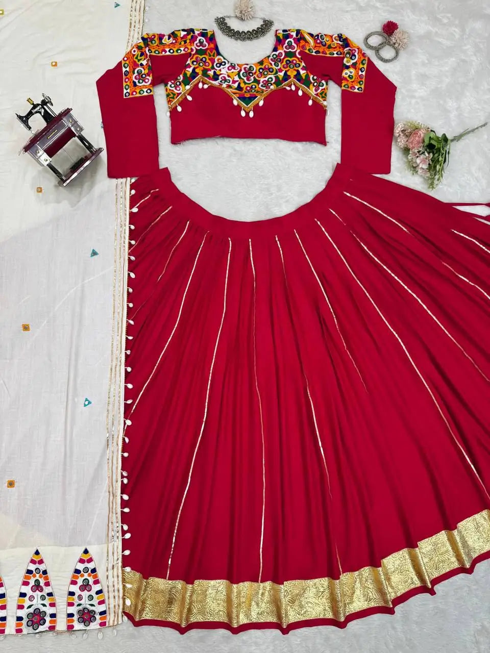 Red Chain Stitch With Real Mirror Work Rayon Navratri Lehenga Choli