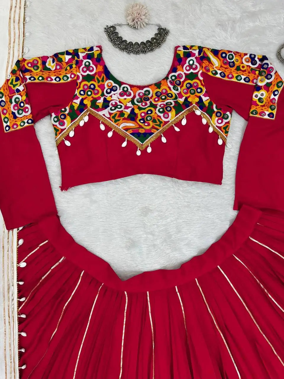 Red Chain Stitch With Real Mirror Work Rayon Navratri Lehenga Choli