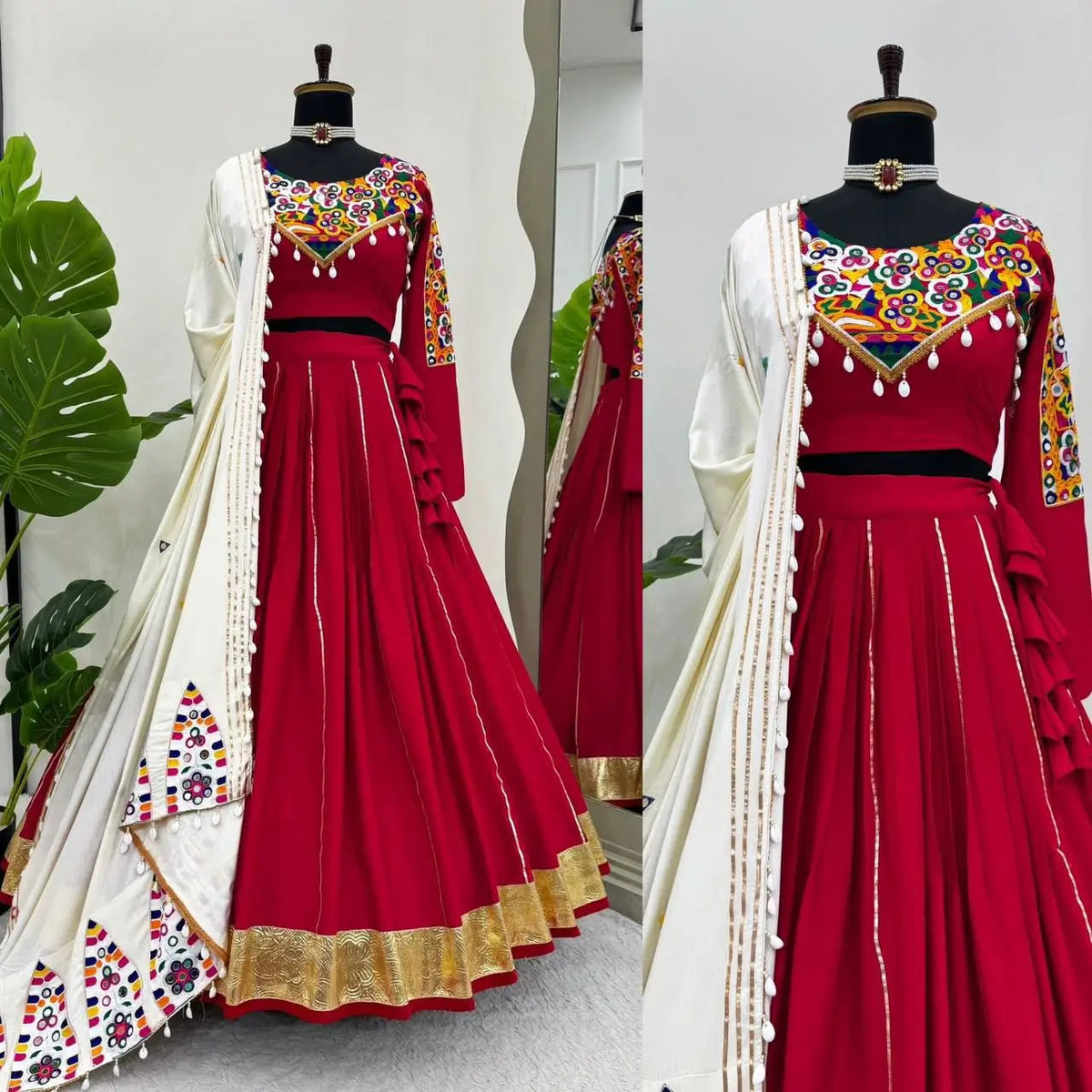 Red Chain Stitch With Real Mirror Work Rayon Navratri Lehenga Choli