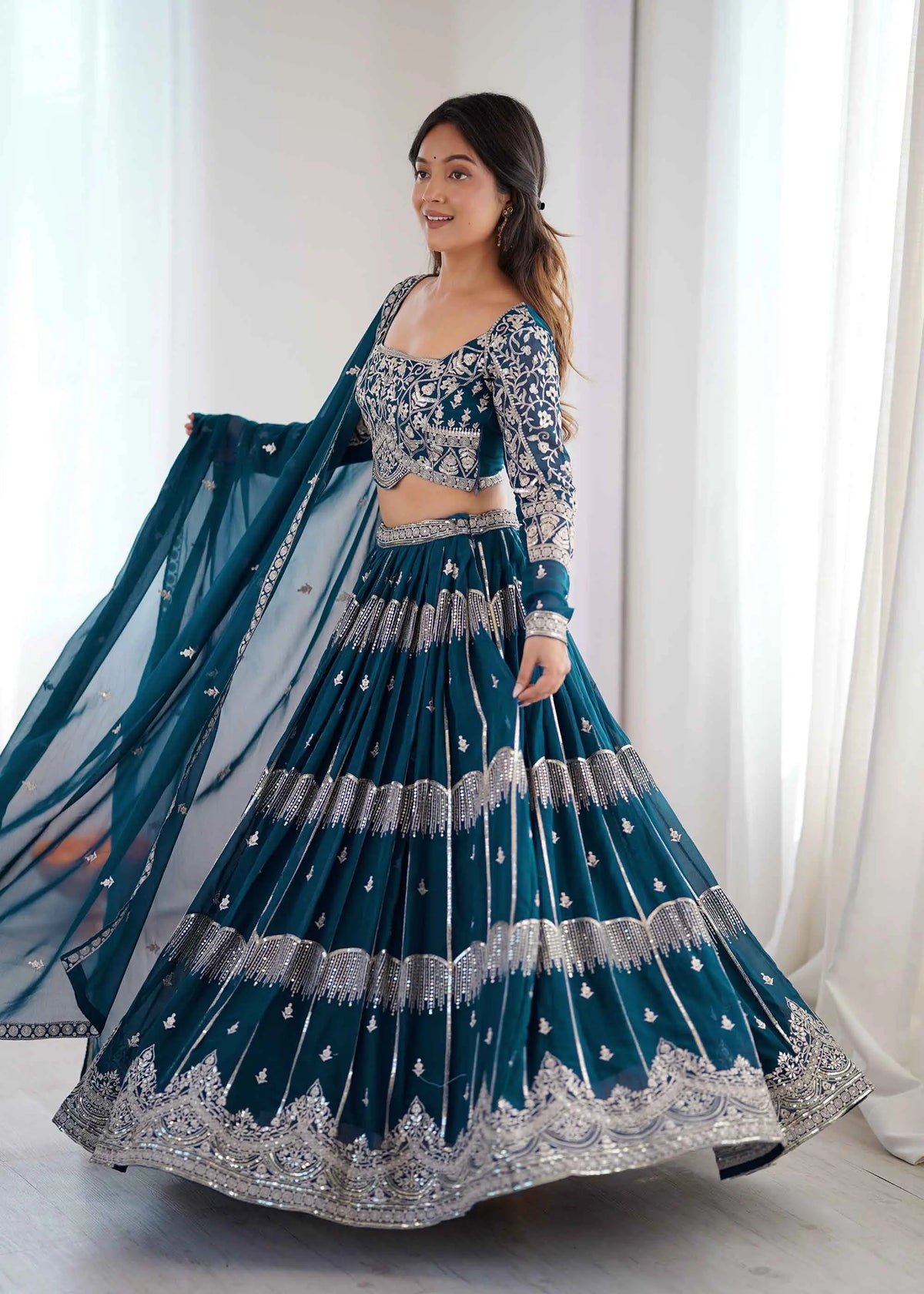 Teal Sequins Embroidery Lehenga Choli