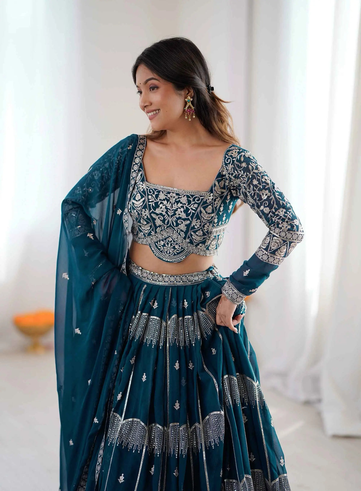 Teal Sequins Embroidery Lehenga Choli