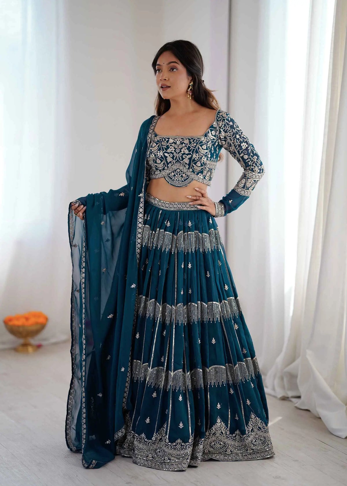 Teal Sequins Embroidery Lehenga Choli