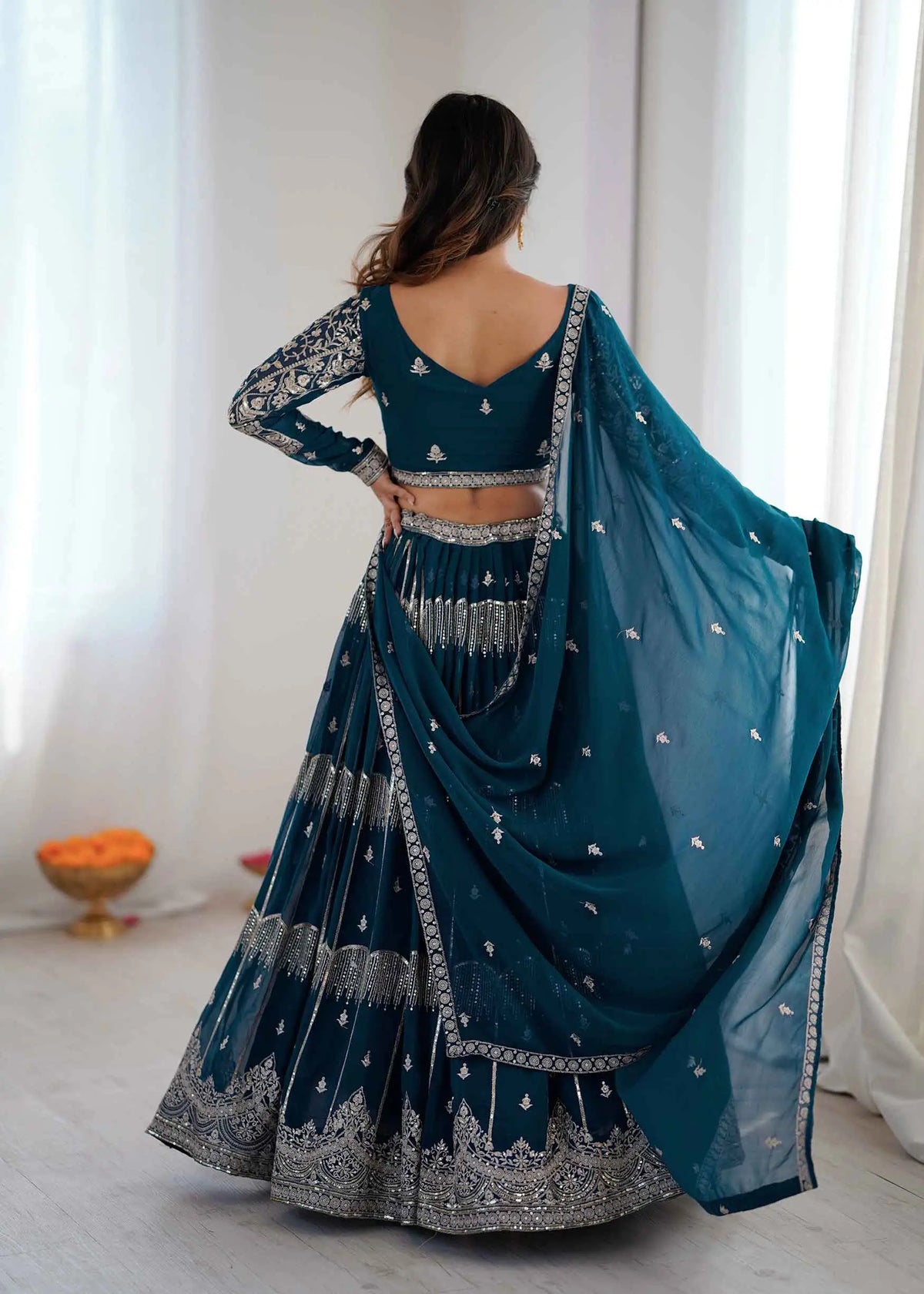 Teal Sequins Embroidery Lehenga Choli