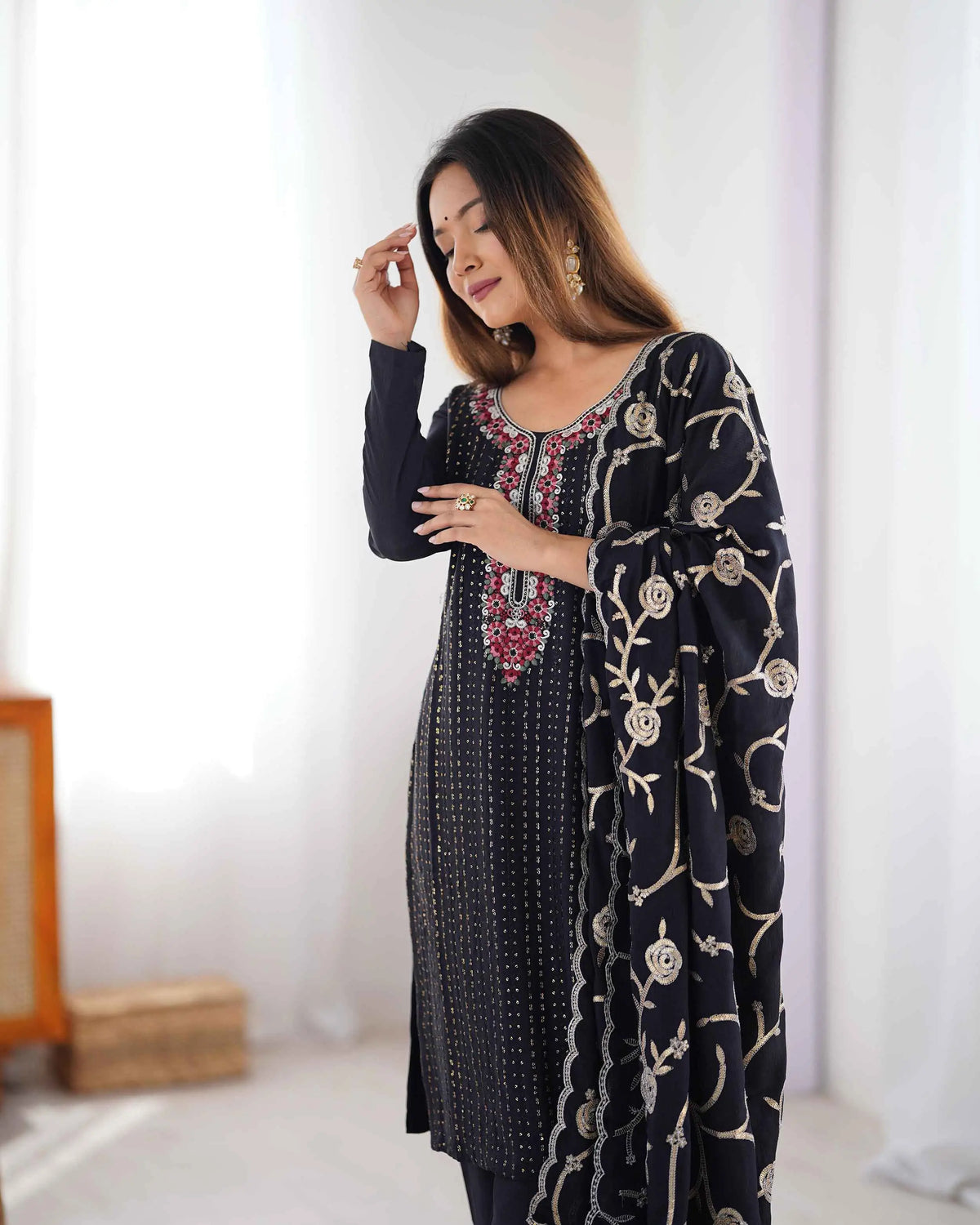 Black Designer Sequins Embroidery Work Salwar Suit With Dupatta
