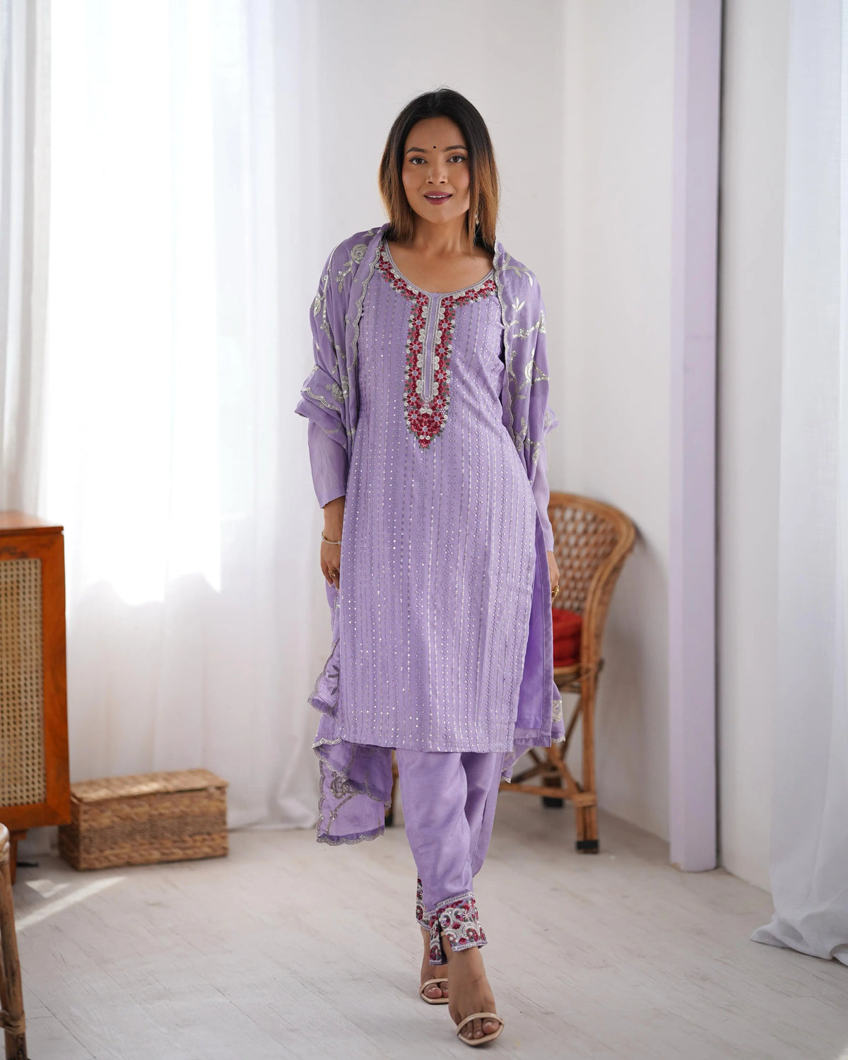 Lavender Designer Sequins Embroidery Work Salwar Suit With Dupatta