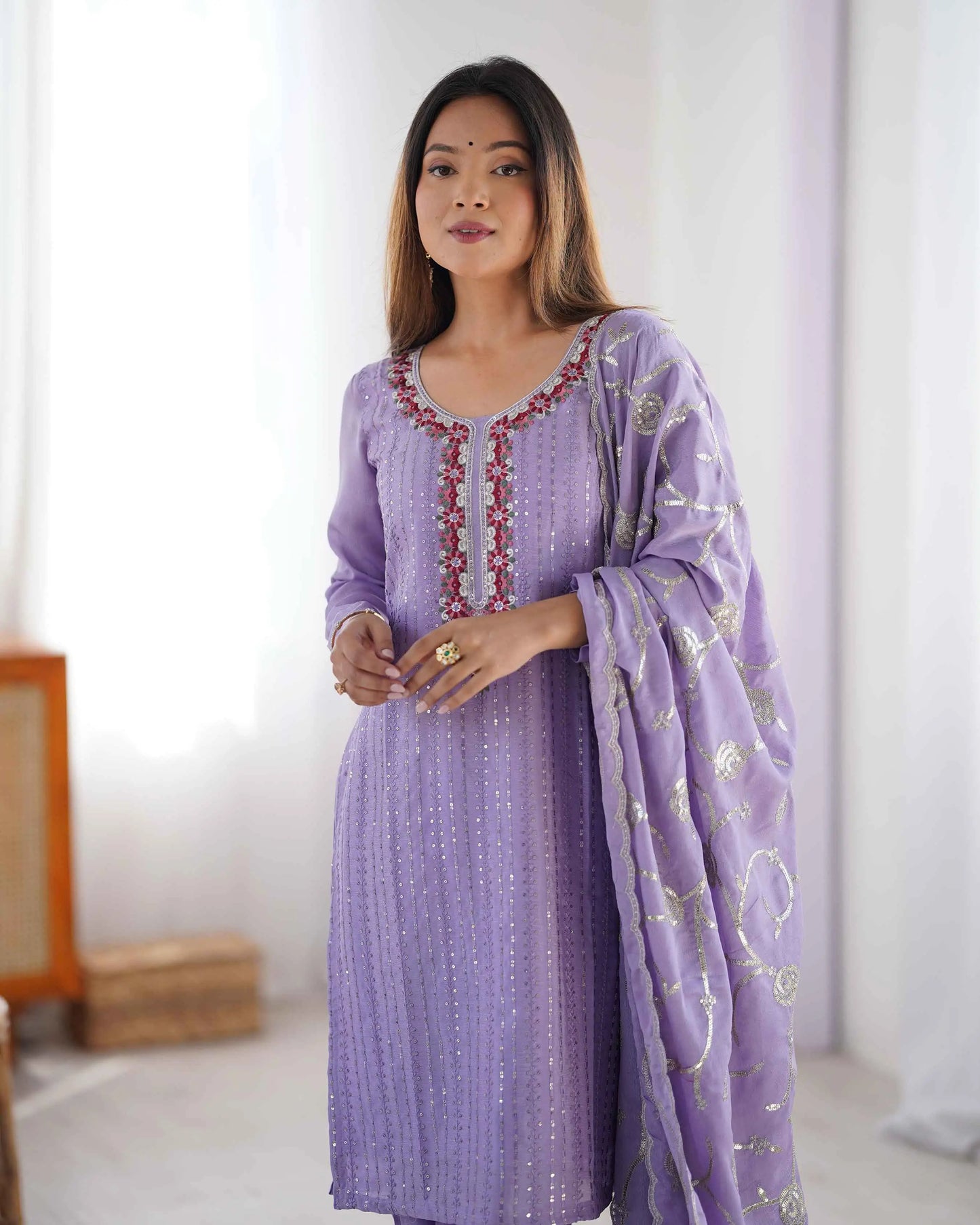 Lavender Designer Sequins Embroidery Work Salwar Suit With Dupatta