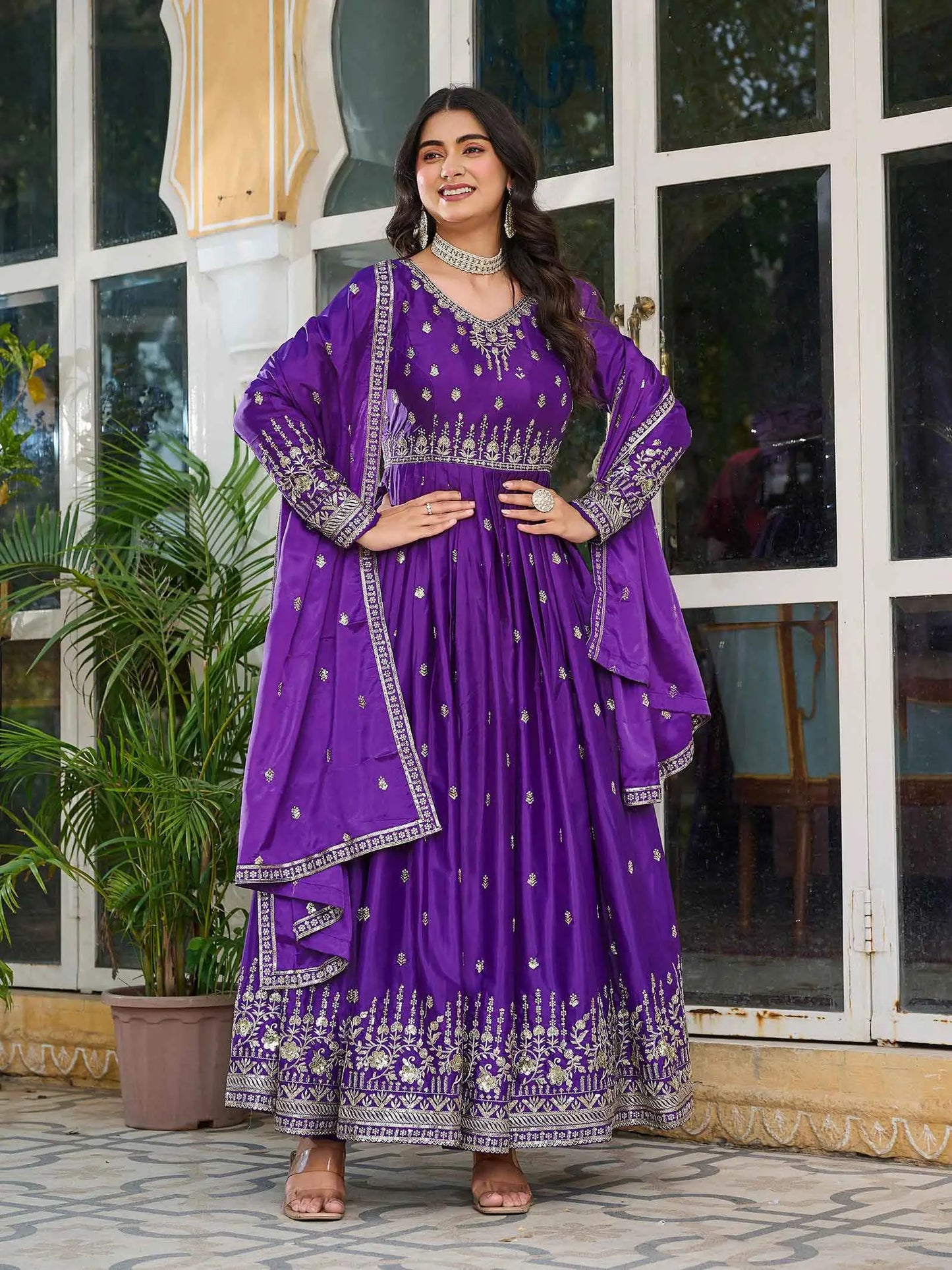 Purple Silk Gown With Sequins Embroidery Work And Dupatta