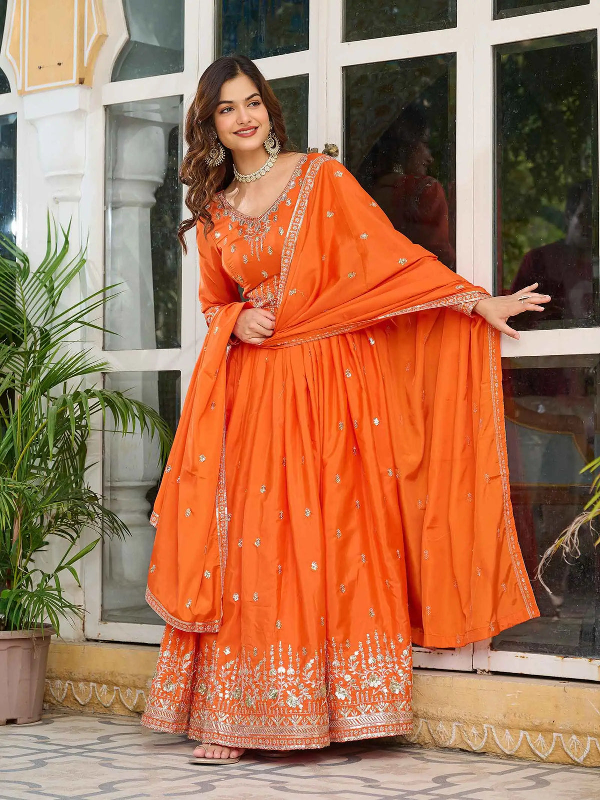 Fanta Orange Silk Gown With Sequins Embroidery Work And Dupatta