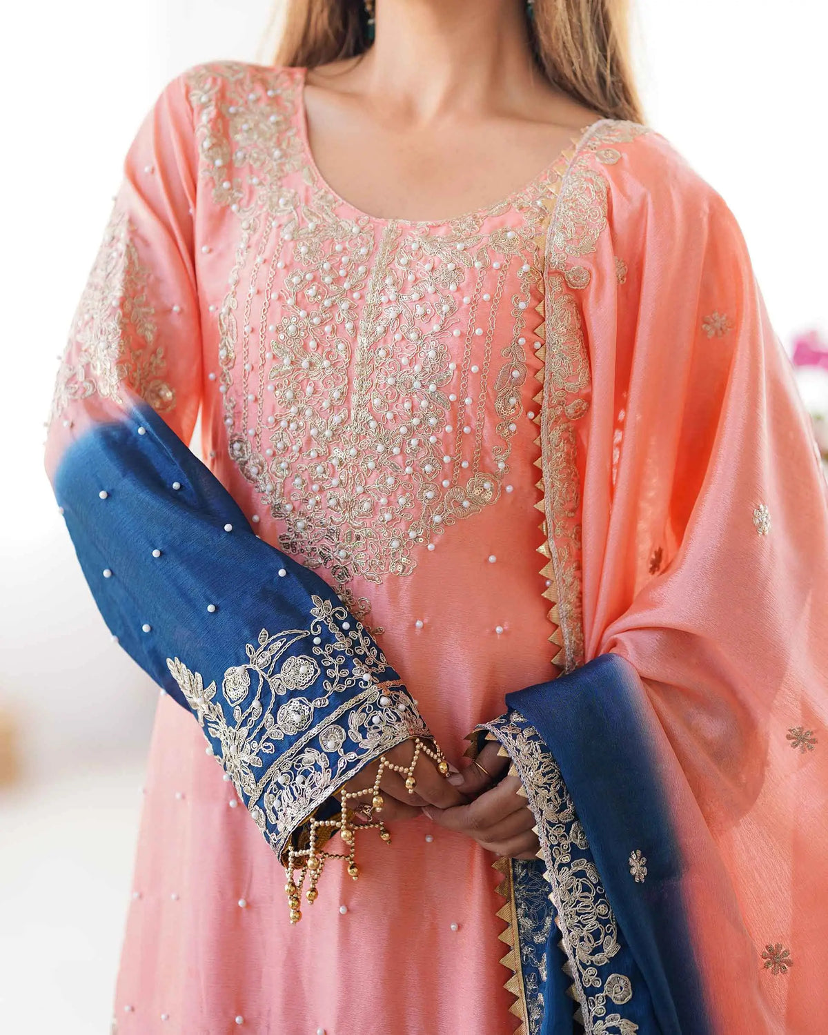 Peach Pink Cording Sequins Work With Rivet Moti Sharara Set With Dupatta