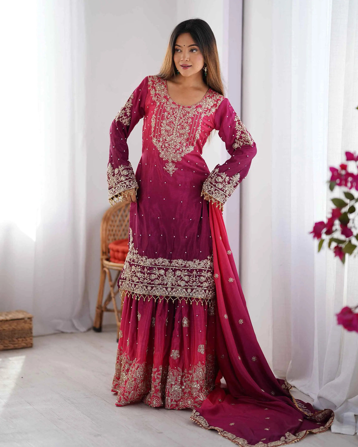 Wine Berry Cording Sequins Work With Rivet Moti Sharara Set With Dupatta