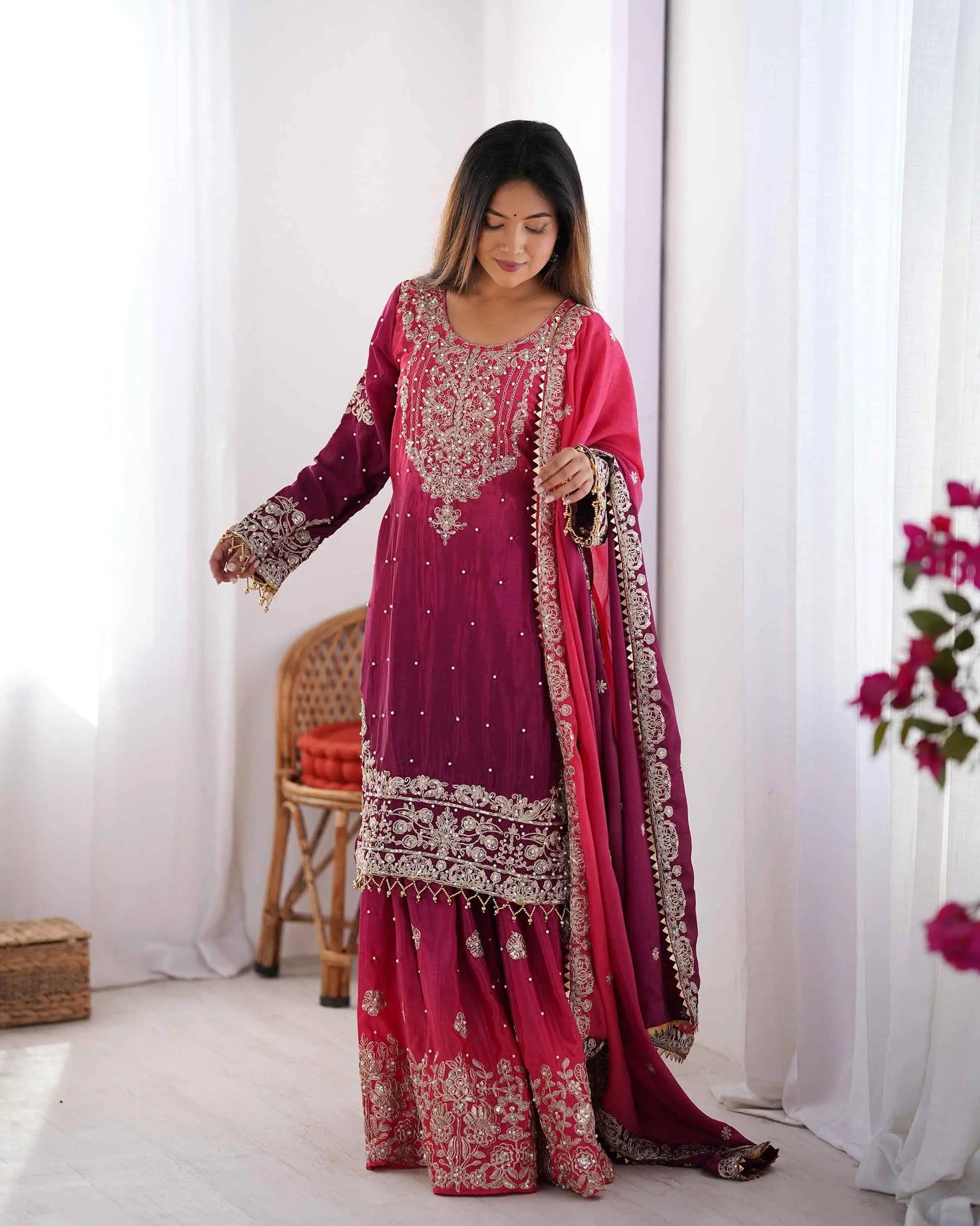 Wine Berry Cording Sequins Work With Rivet Moti Sharara Set With Dupatta