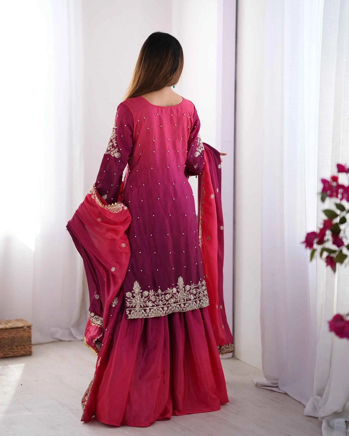 Wine Berry Cording Sequins Work With Rivet Moti Sharara Set With Dupatta