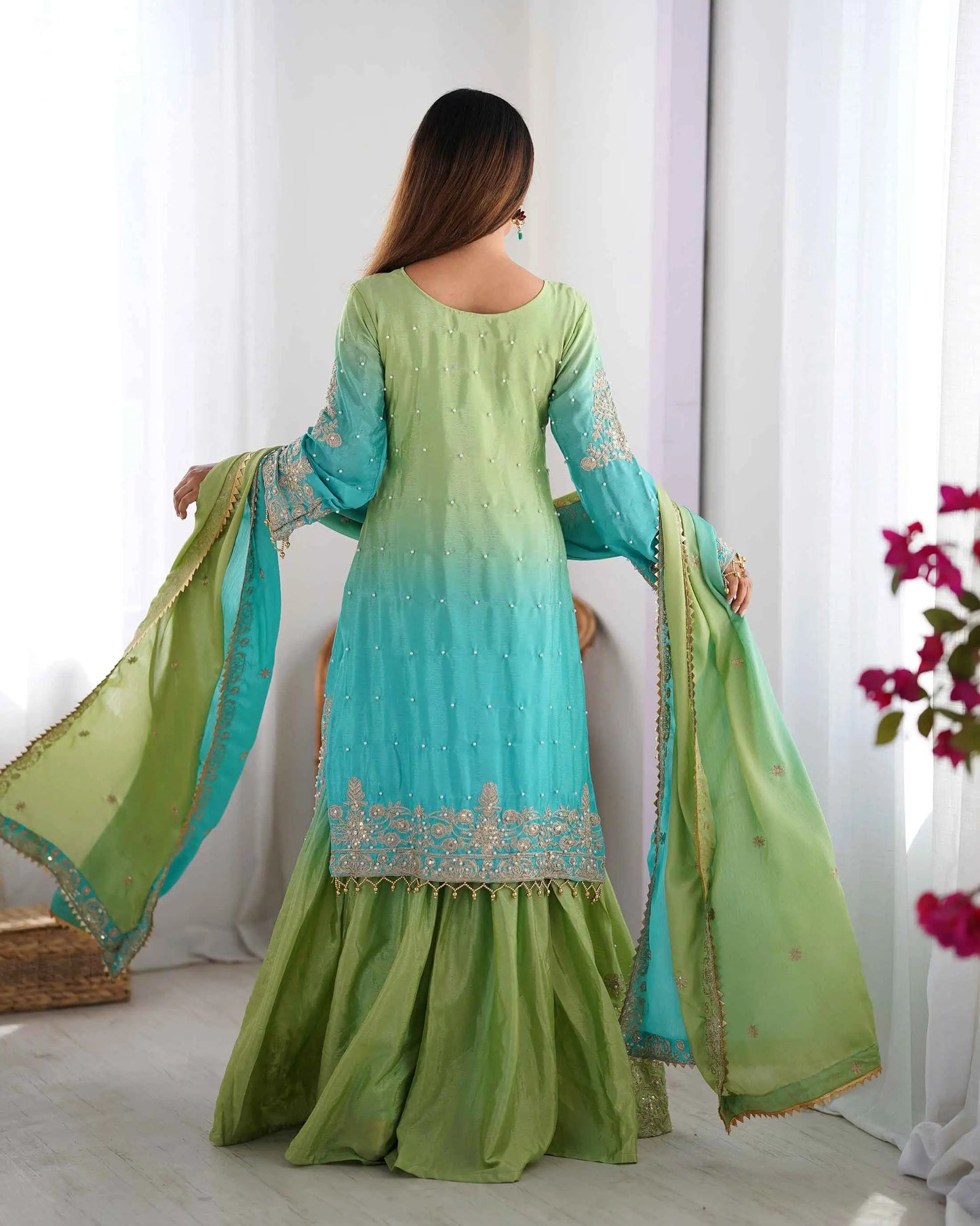 Sky Blue Cording Sequins Work With Rivet Moti Sharara Set With Dupatta