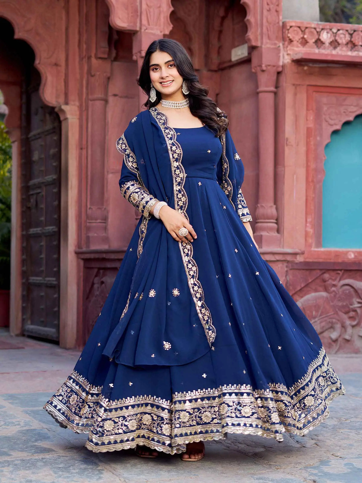 Dusk Blue Georgette Embroidered Gown