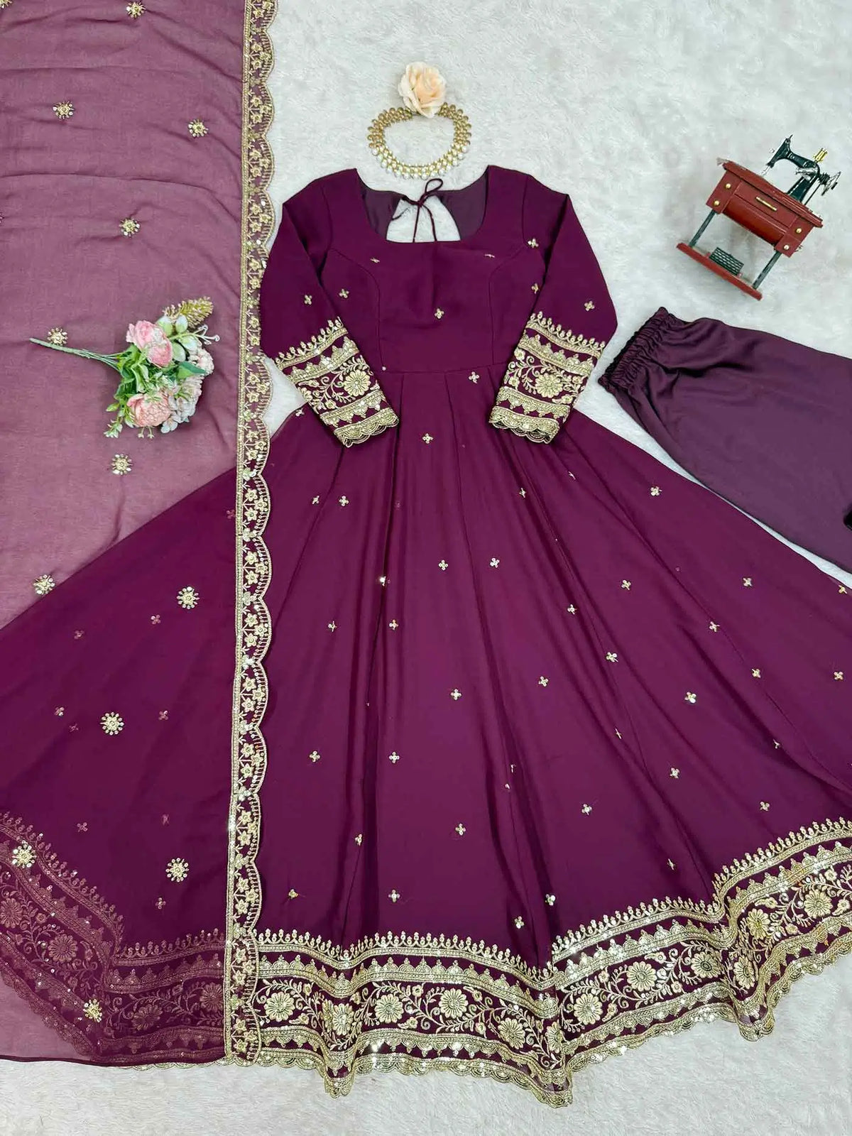 Wine Berry Georgette Embroidered Gown