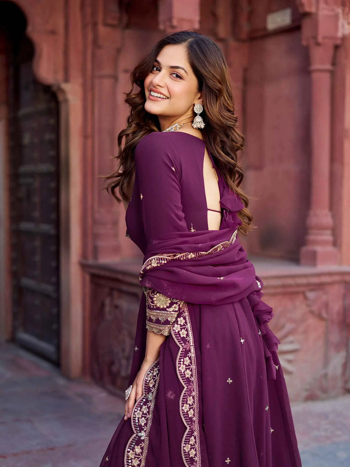 Wine Berry Georgette Embroidered Gown