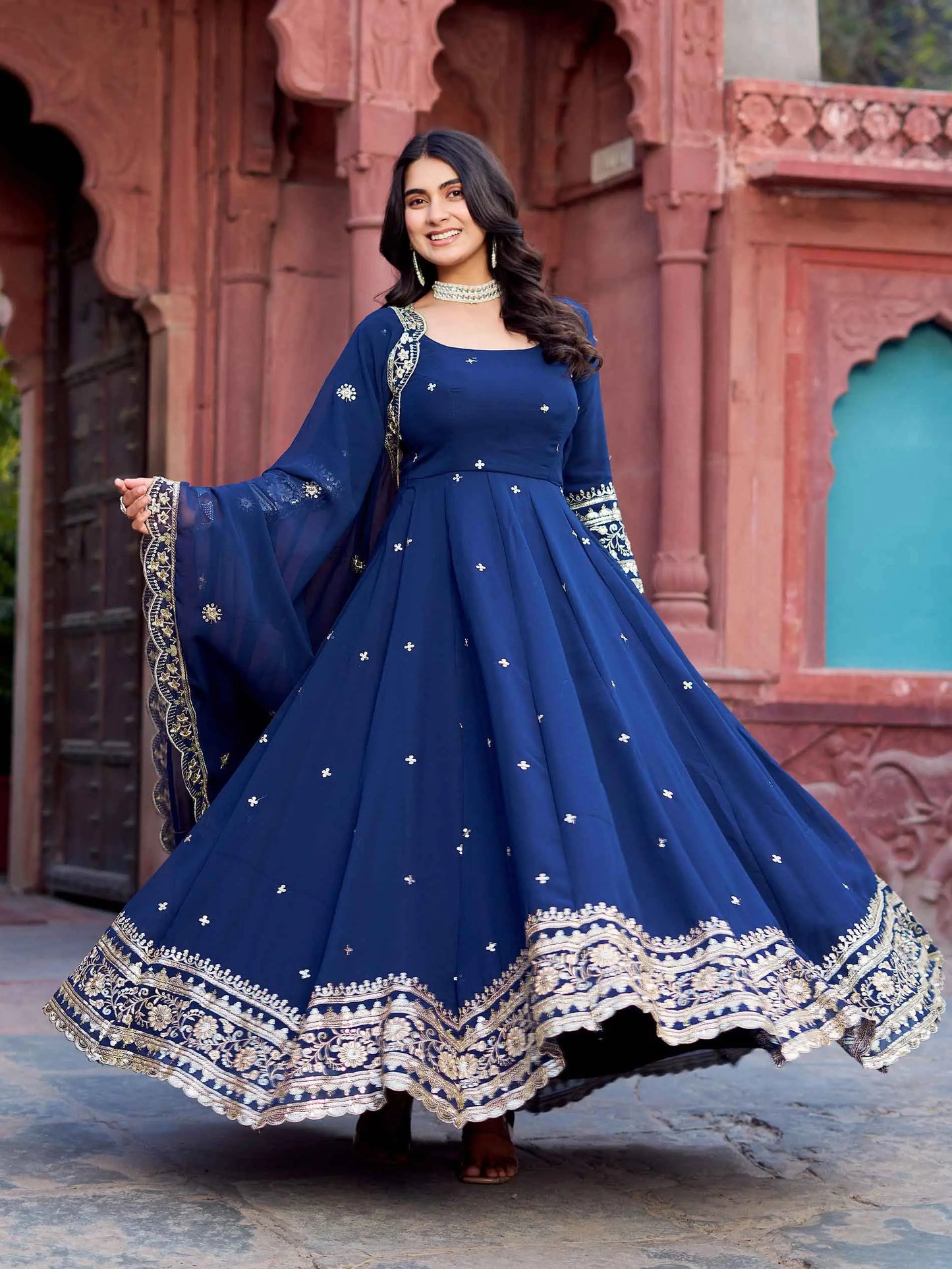 Dusk Blue Georgette Embroidered Gown