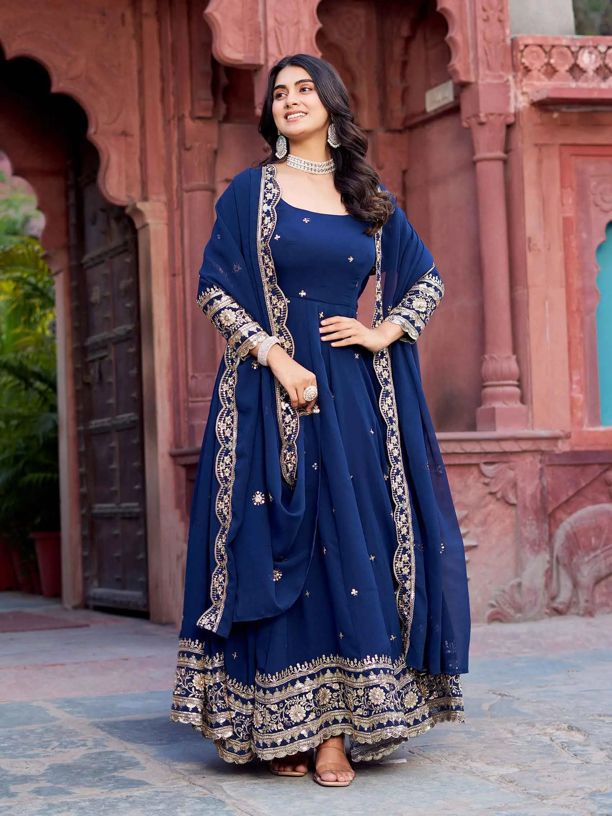 Dusk Blue Georgette Embroidered Gown