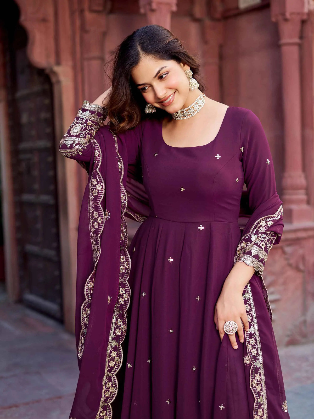 Wine Berry Georgette Embroidered Gown