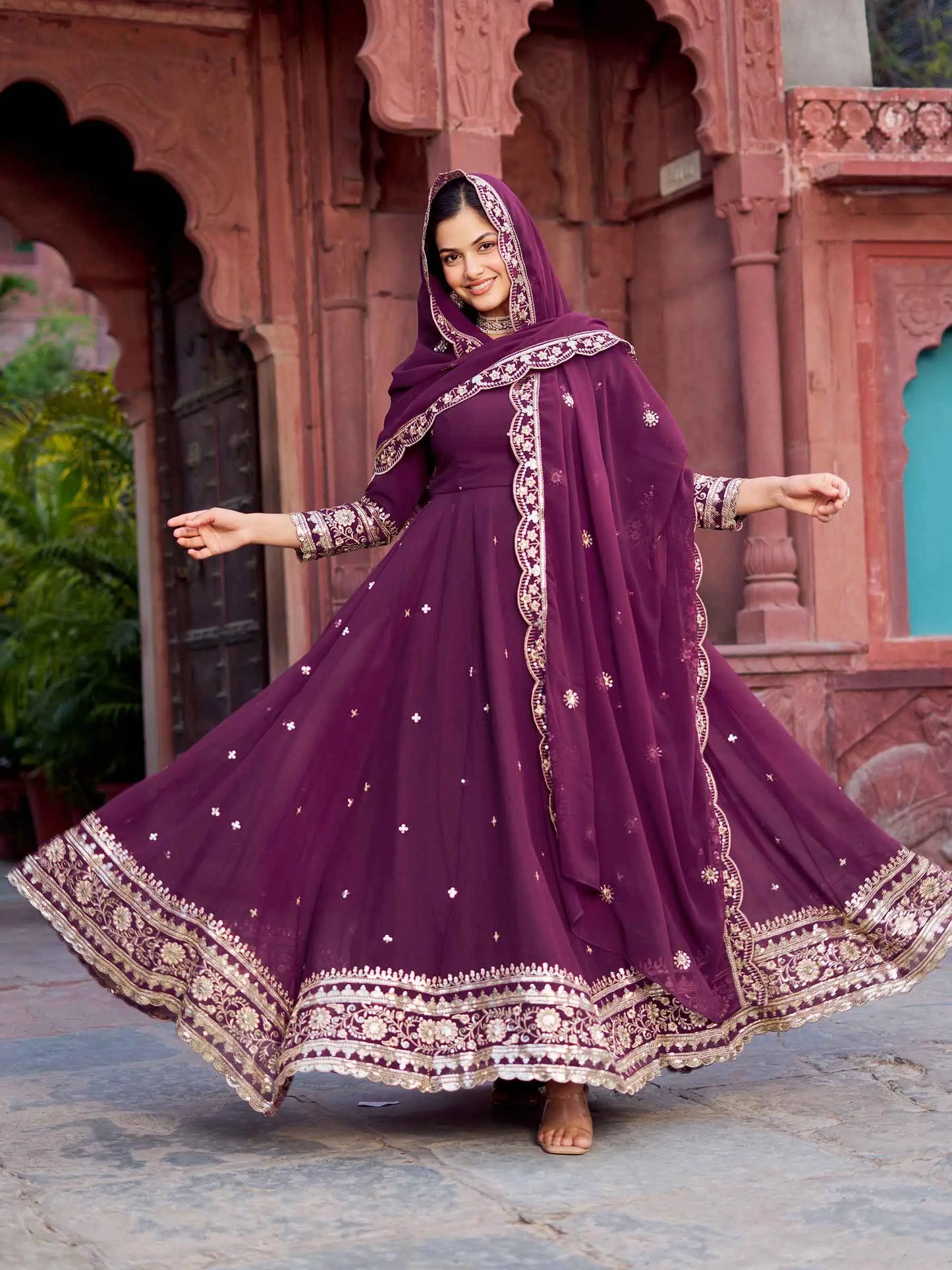 Wine Berry Georgette Embroidered Gown