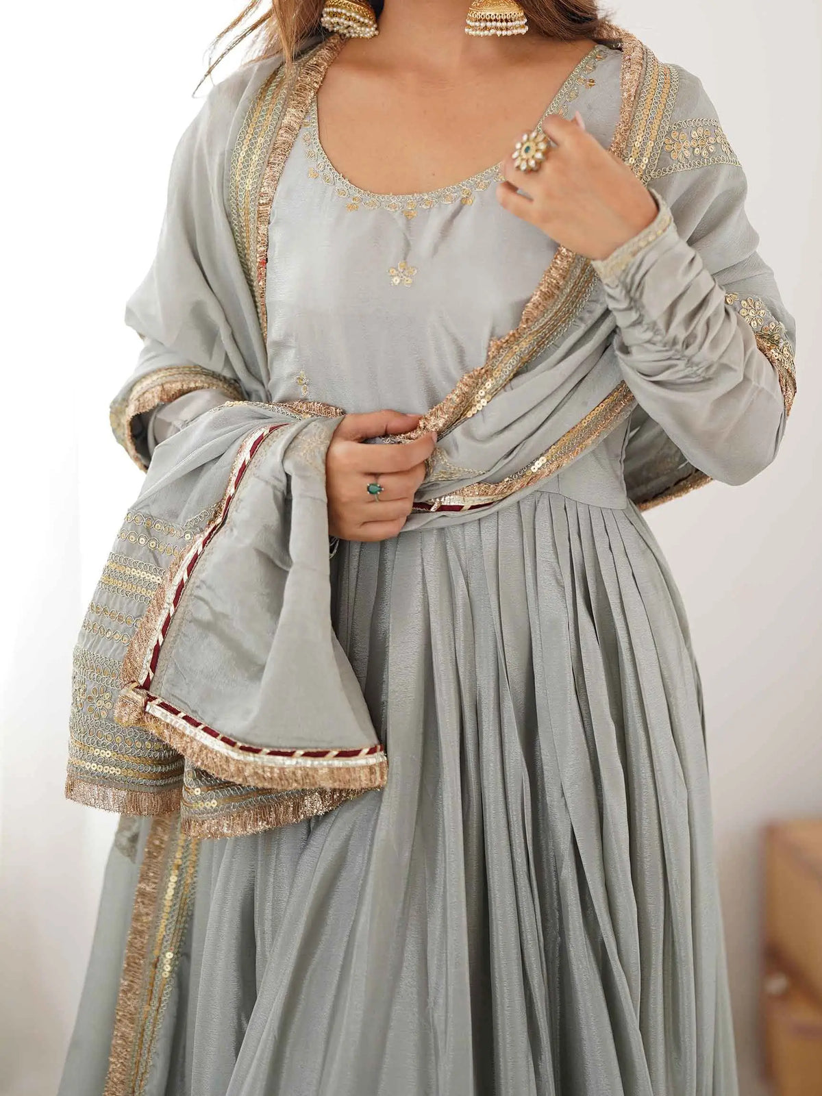 Olive Grey Sequins Embroidery Work Gown