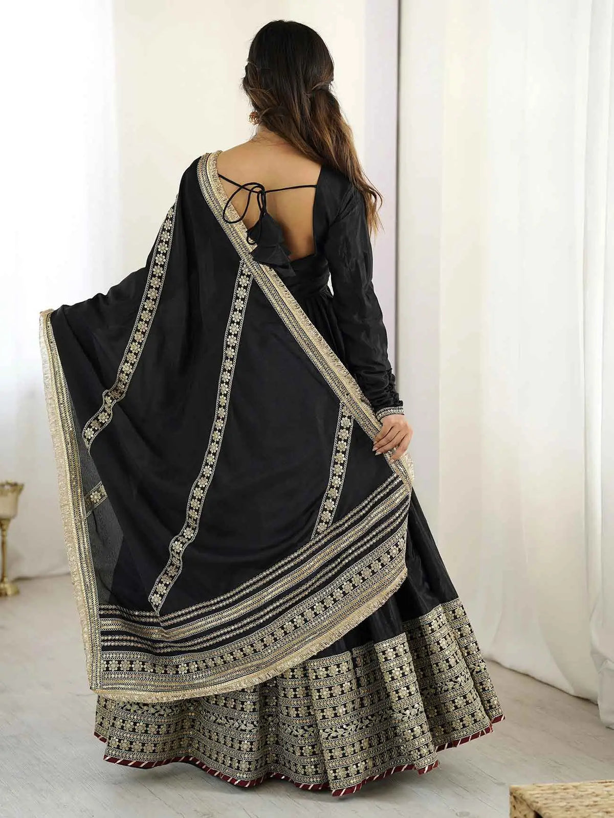 Black Sequins Embroidery Work Silk Gown