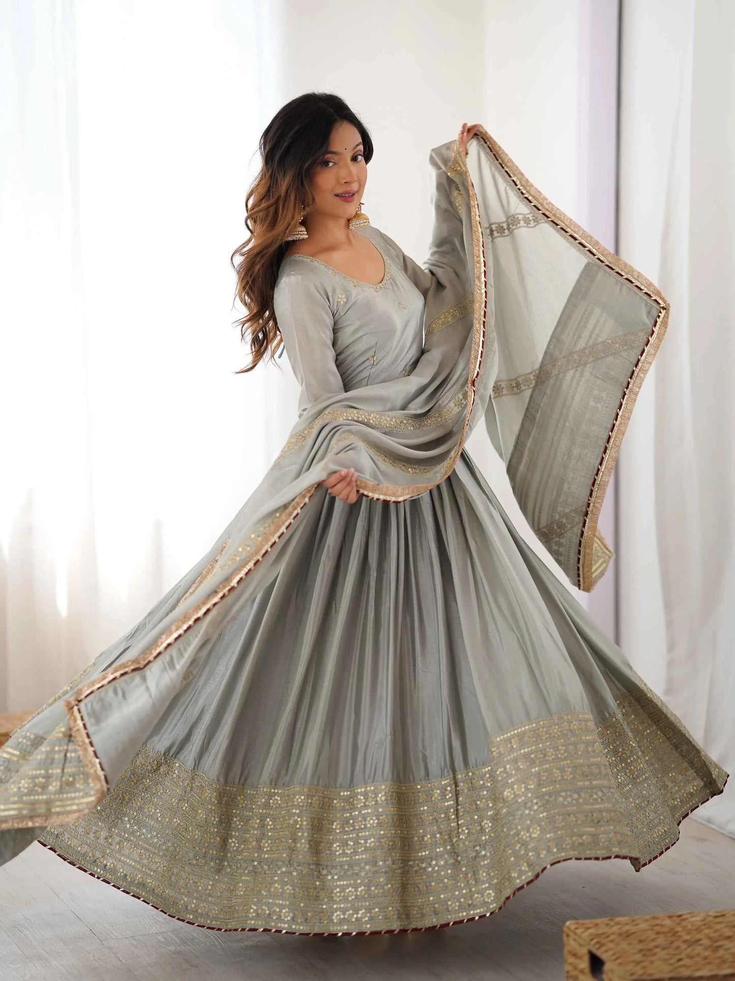 Olive Grey Sequins Embroidery Work Gown