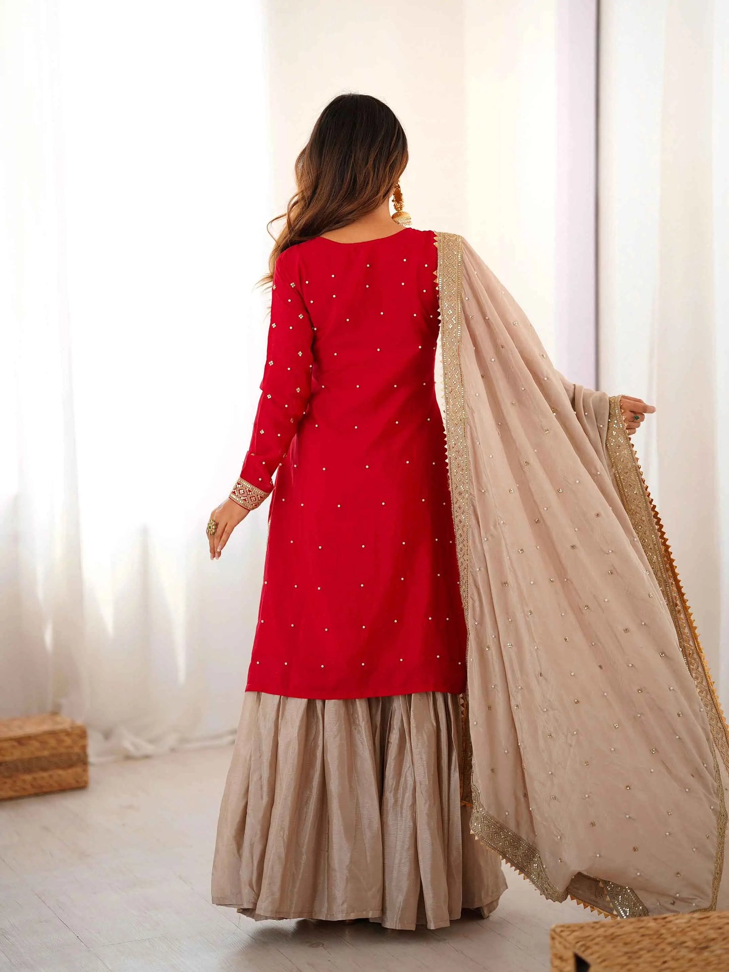 Red Pearl Sequins Embroidery Sharara Suit