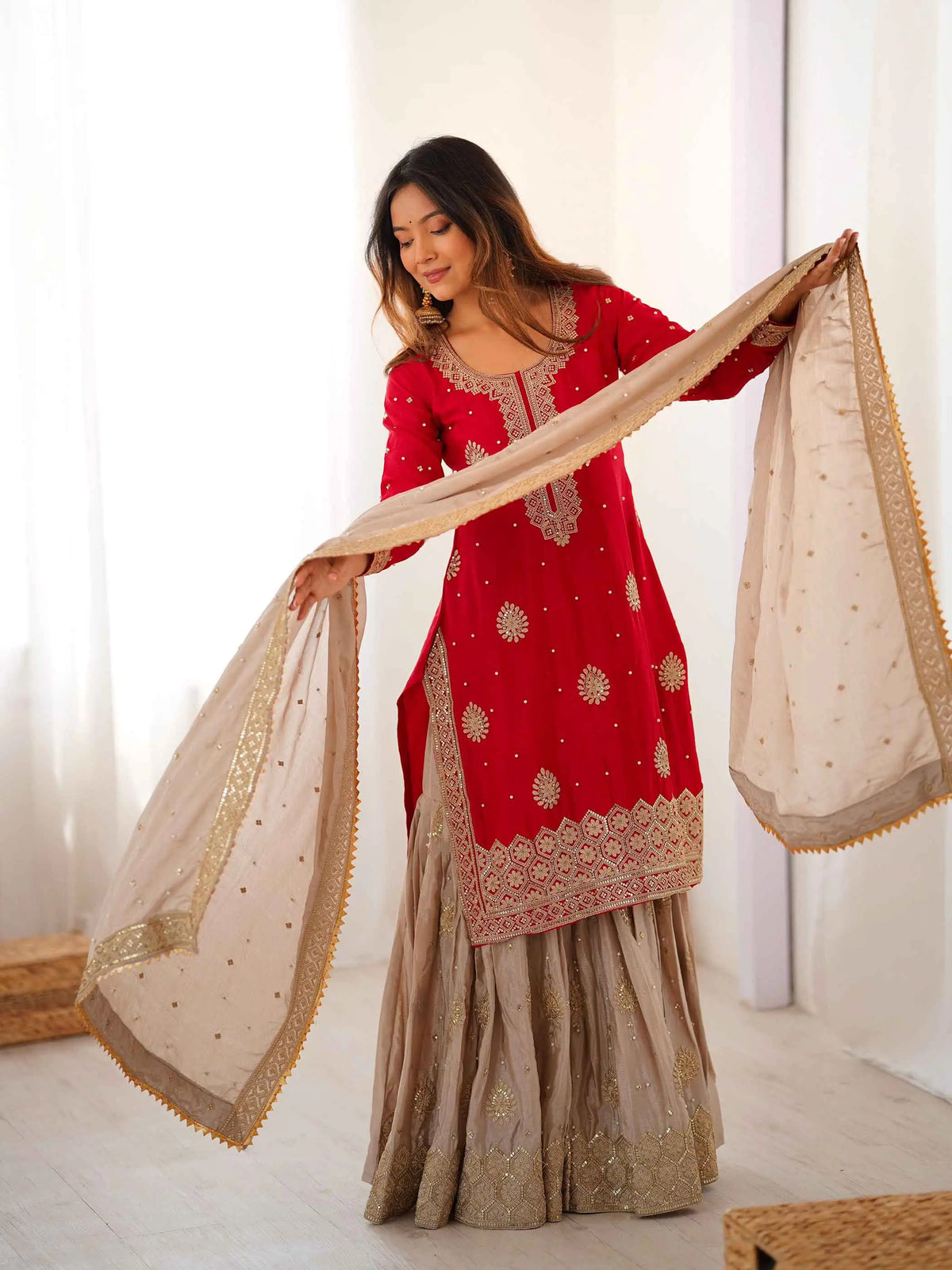 Red Pearl Sequins Embroidery Sharara Suit