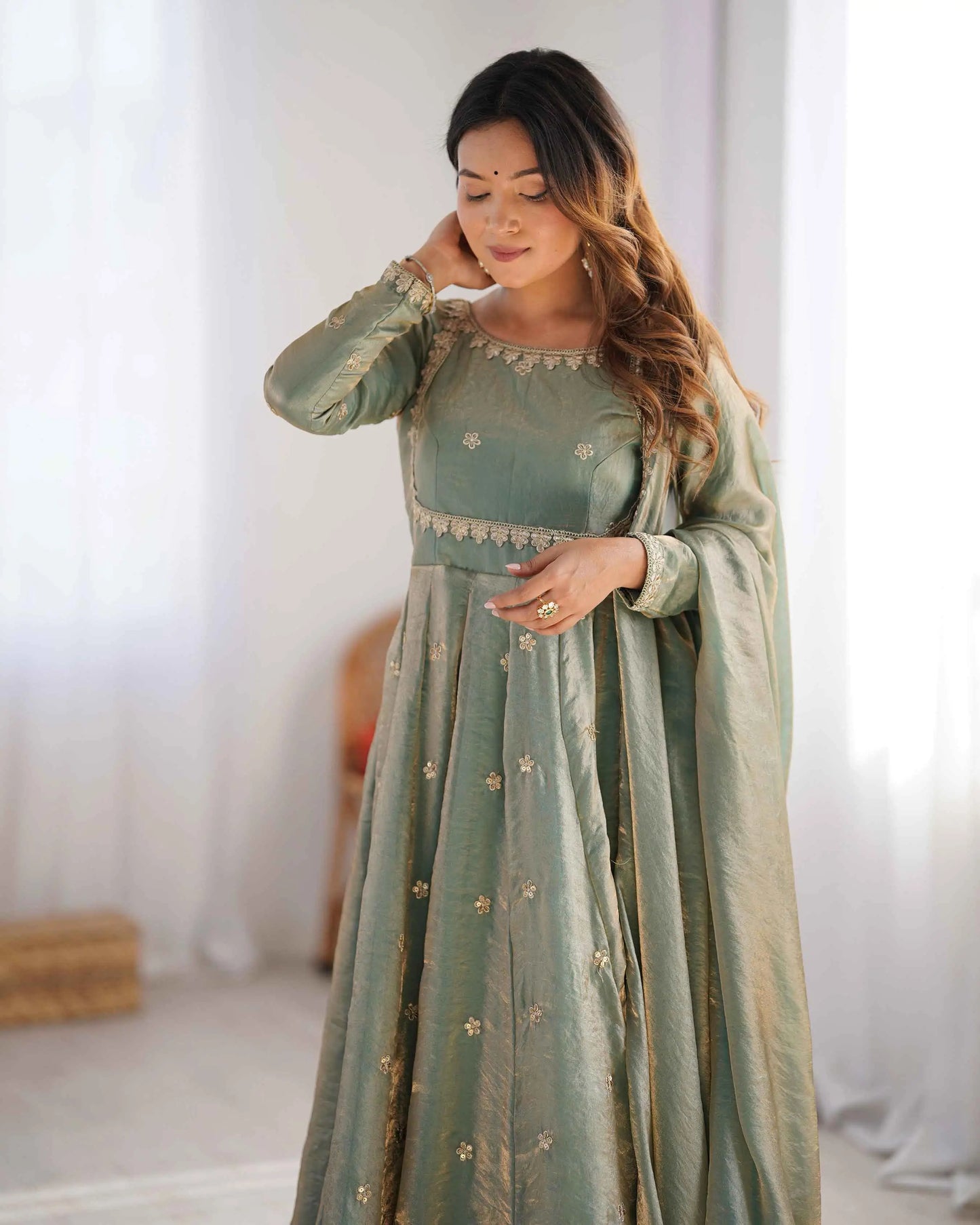 Designer Shiny Olive Green Cording Sequins Embroidery Work Gown With Dupatta